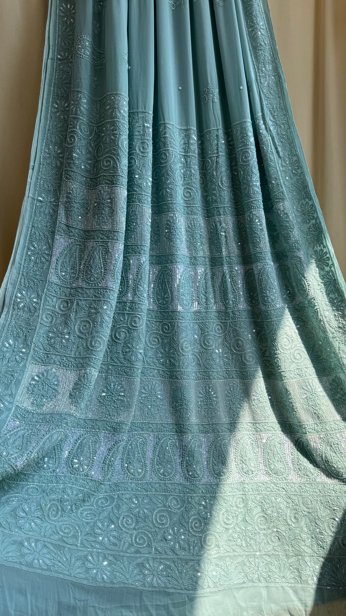 Chikankari saree with Pearl embellishments- Sage Green