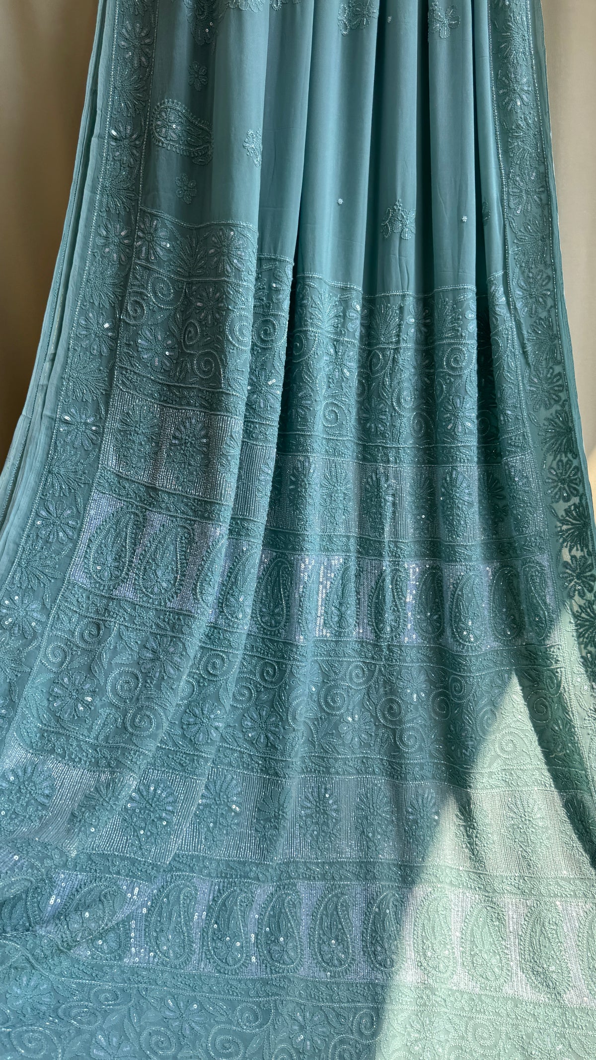Chikankari saree with Pearl embellishments- Sage Green