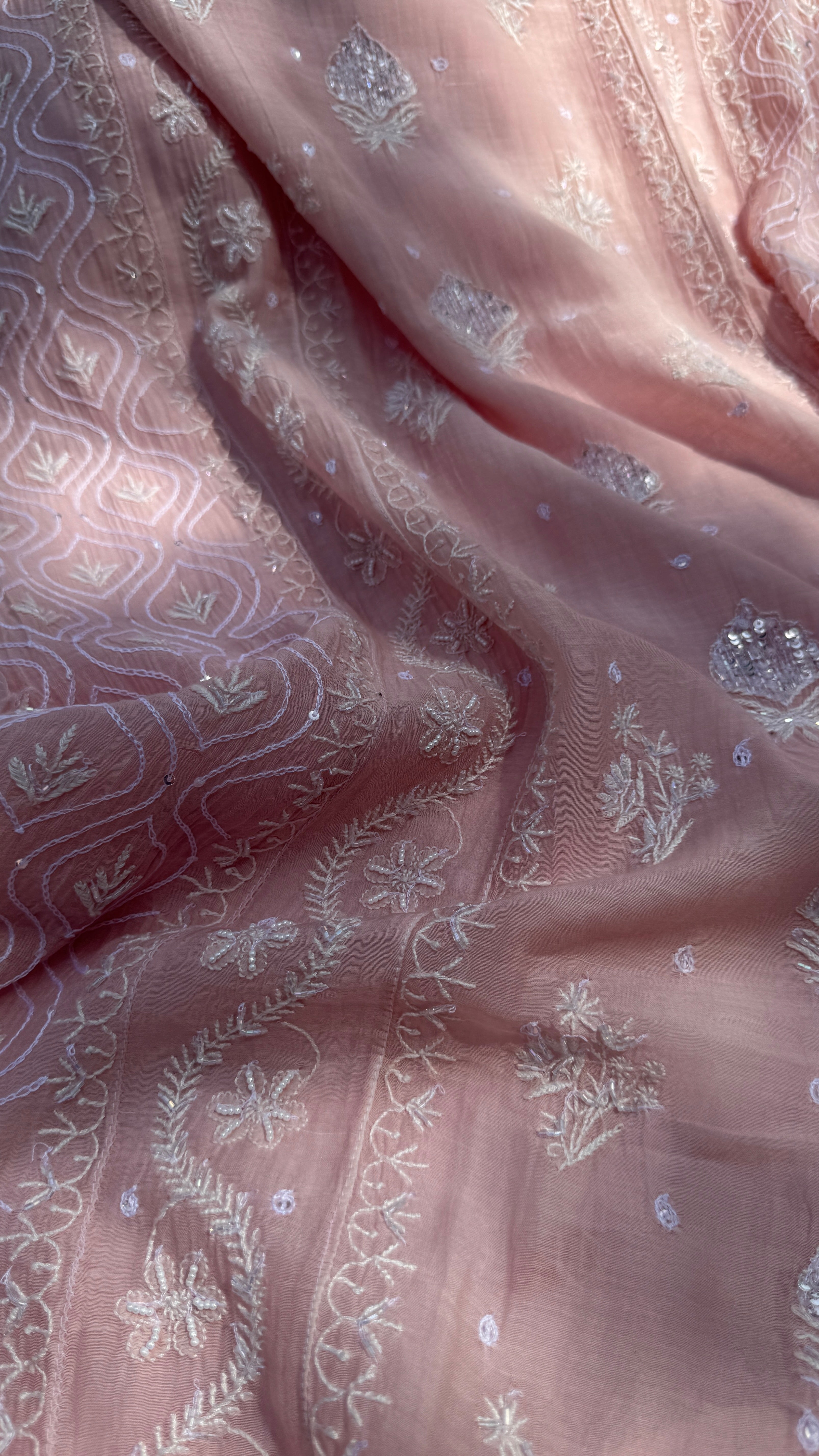 Mul Chanderi Chikankari - Unstitched Set - Pale Pink