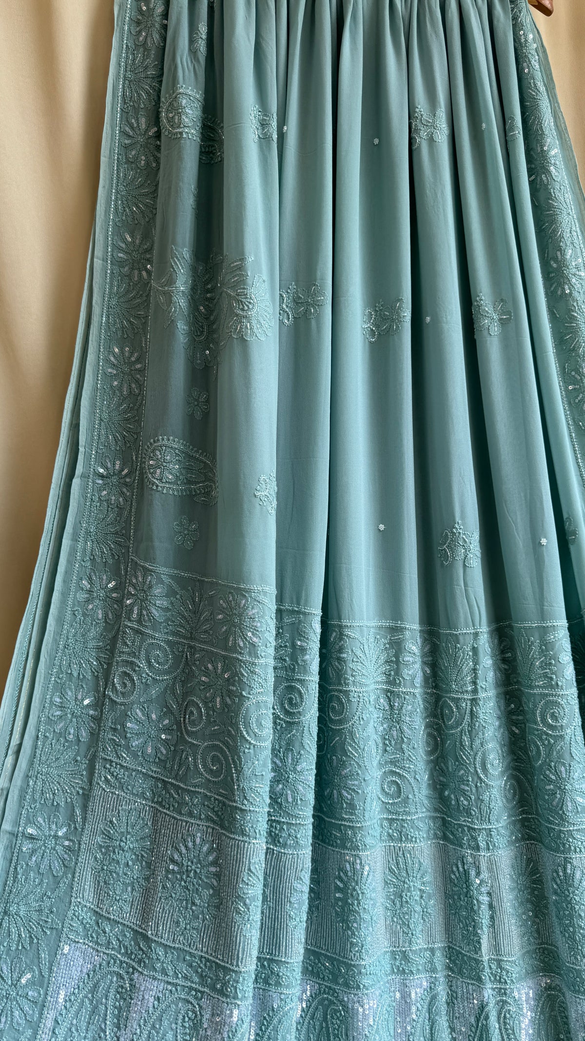 Chikankari saree with Pearl embellishments- Sage Green