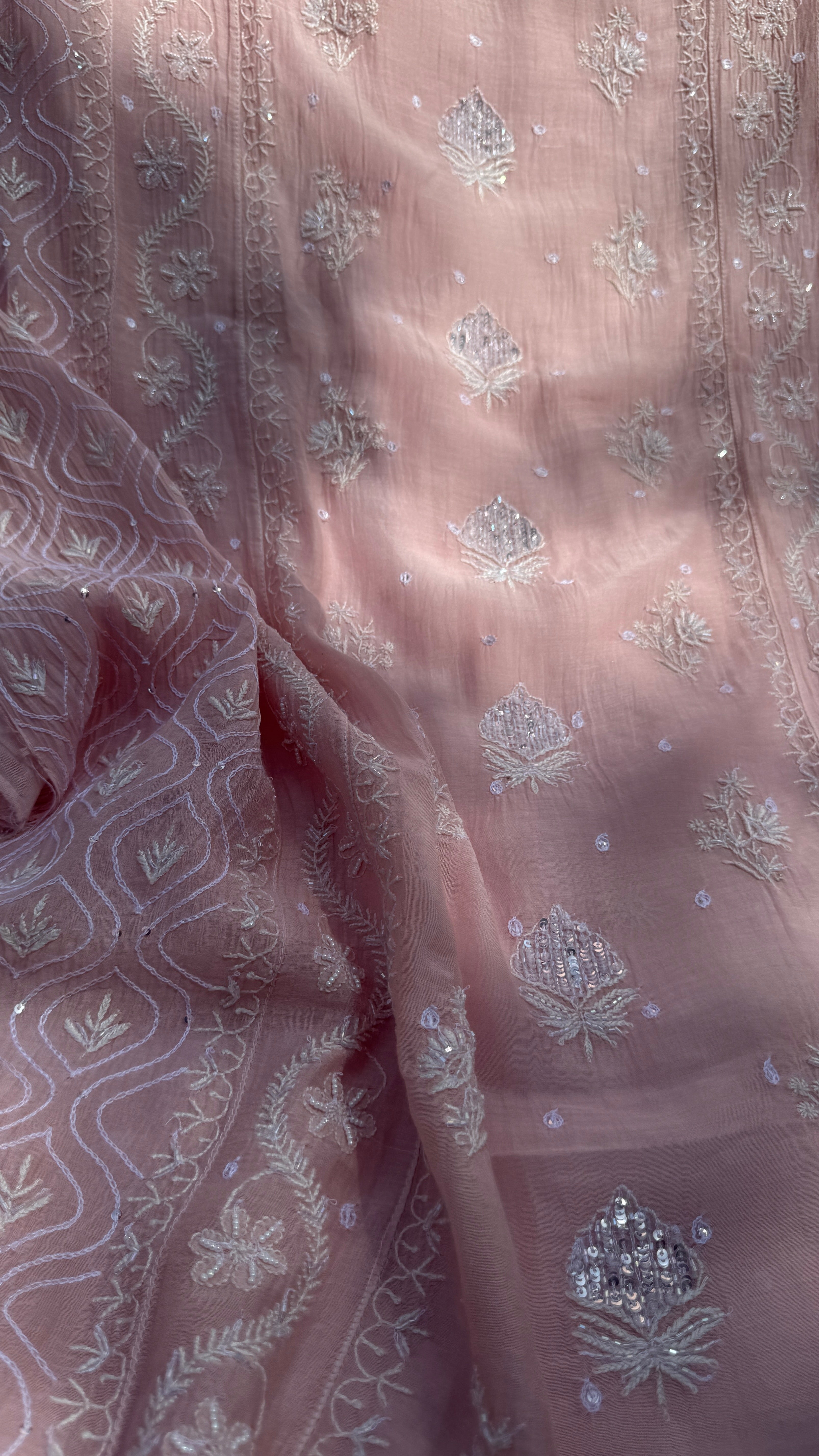 Mul Chanderi Chikankari - Unstitched Set - Pale Pink
