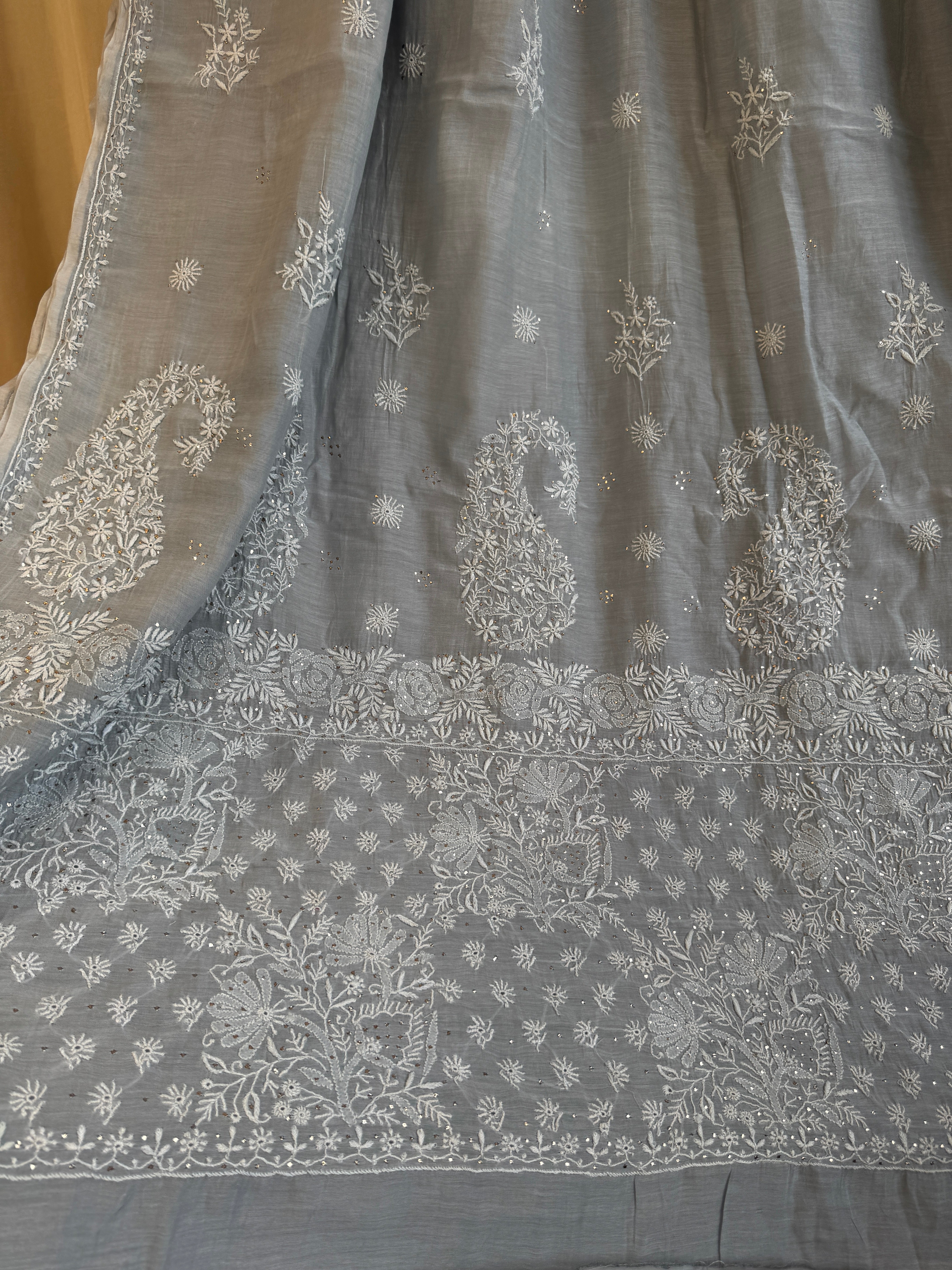 Pure Mul Cotton Chikankari saree in Grey with Mukaish work ARIAA CHIKANKARI