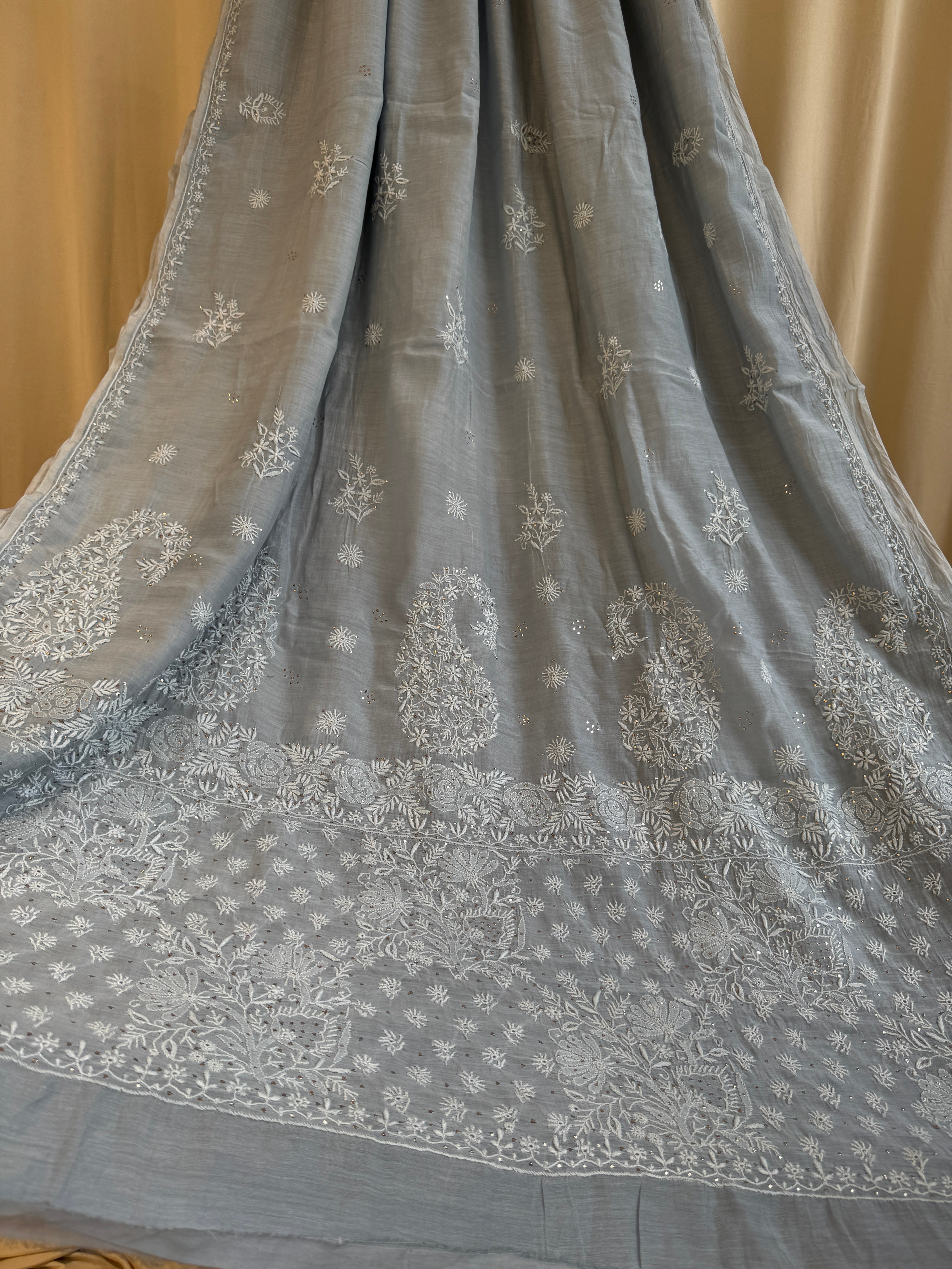 Pure Mul Cotton Chikankari saree in Grey with Mukaish work ARIAA CHIKANKARI