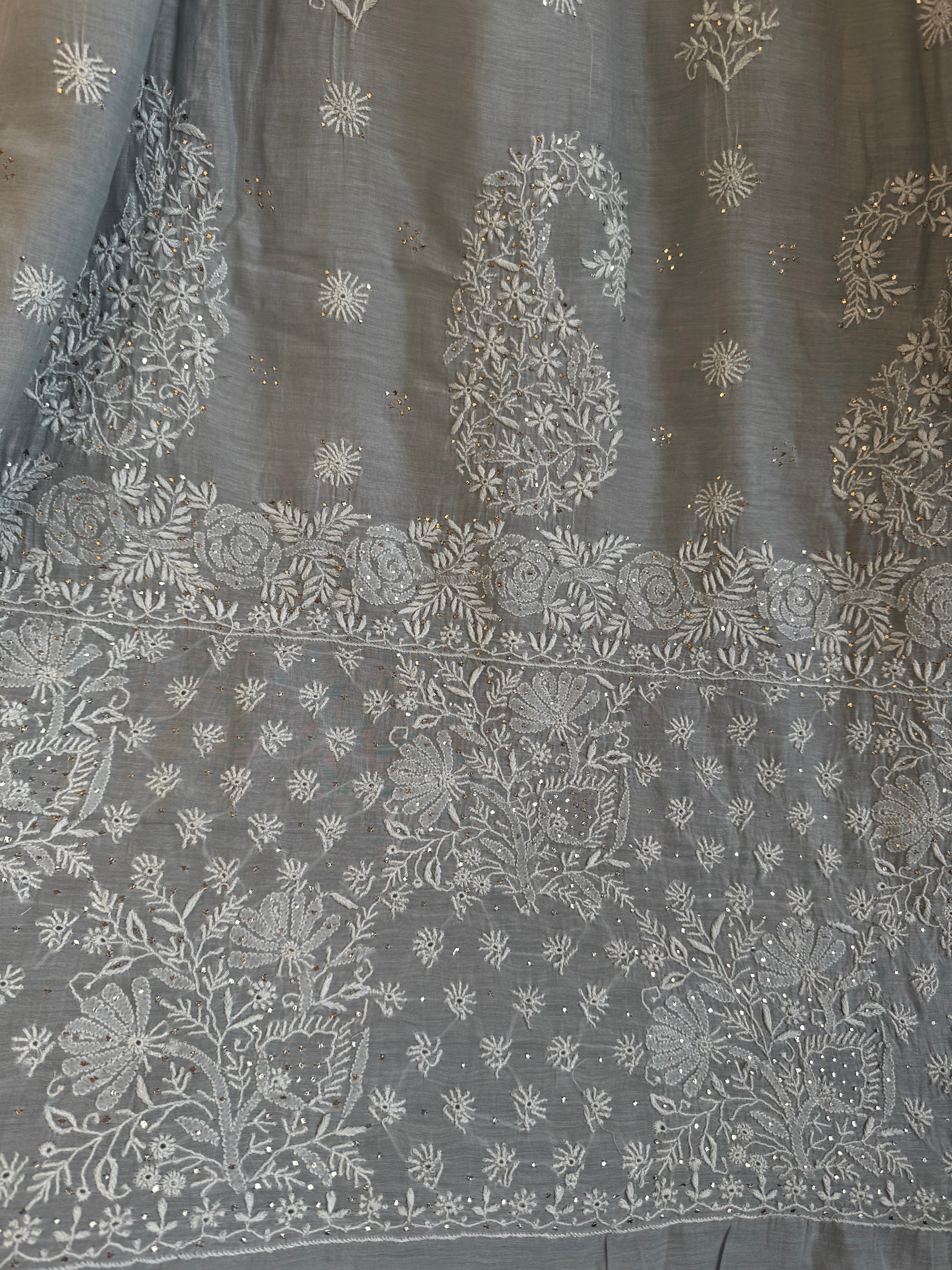 Pure Mul Cotton Chikankari saree in Grey with Mukaish work