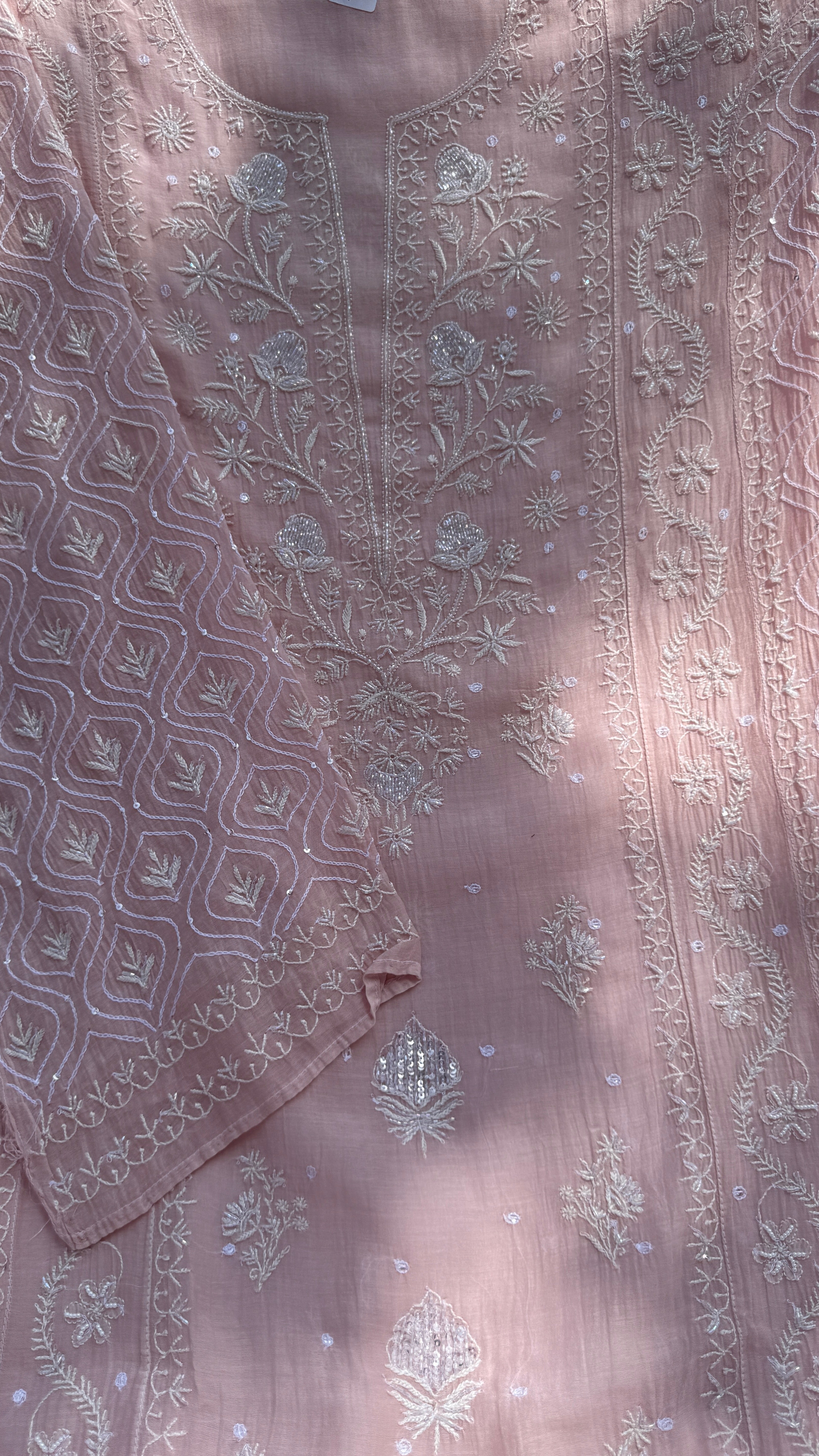 Mul Chanderi Chikankari - Unstitched Set - Pale Pink