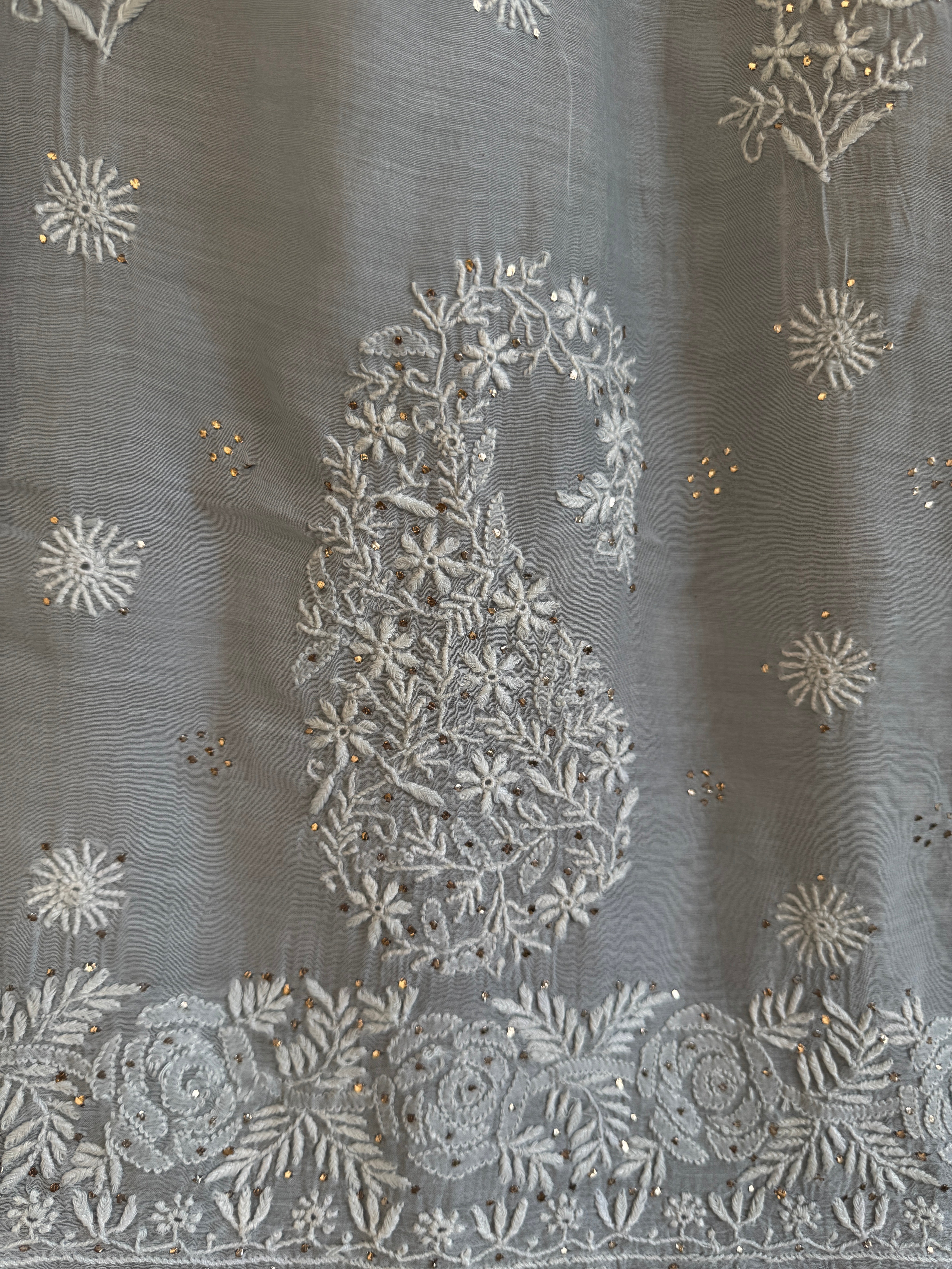 Pure Mul Cotton Chikankari saree in Grey with Mukaish work ARIAA CHIKANKARI