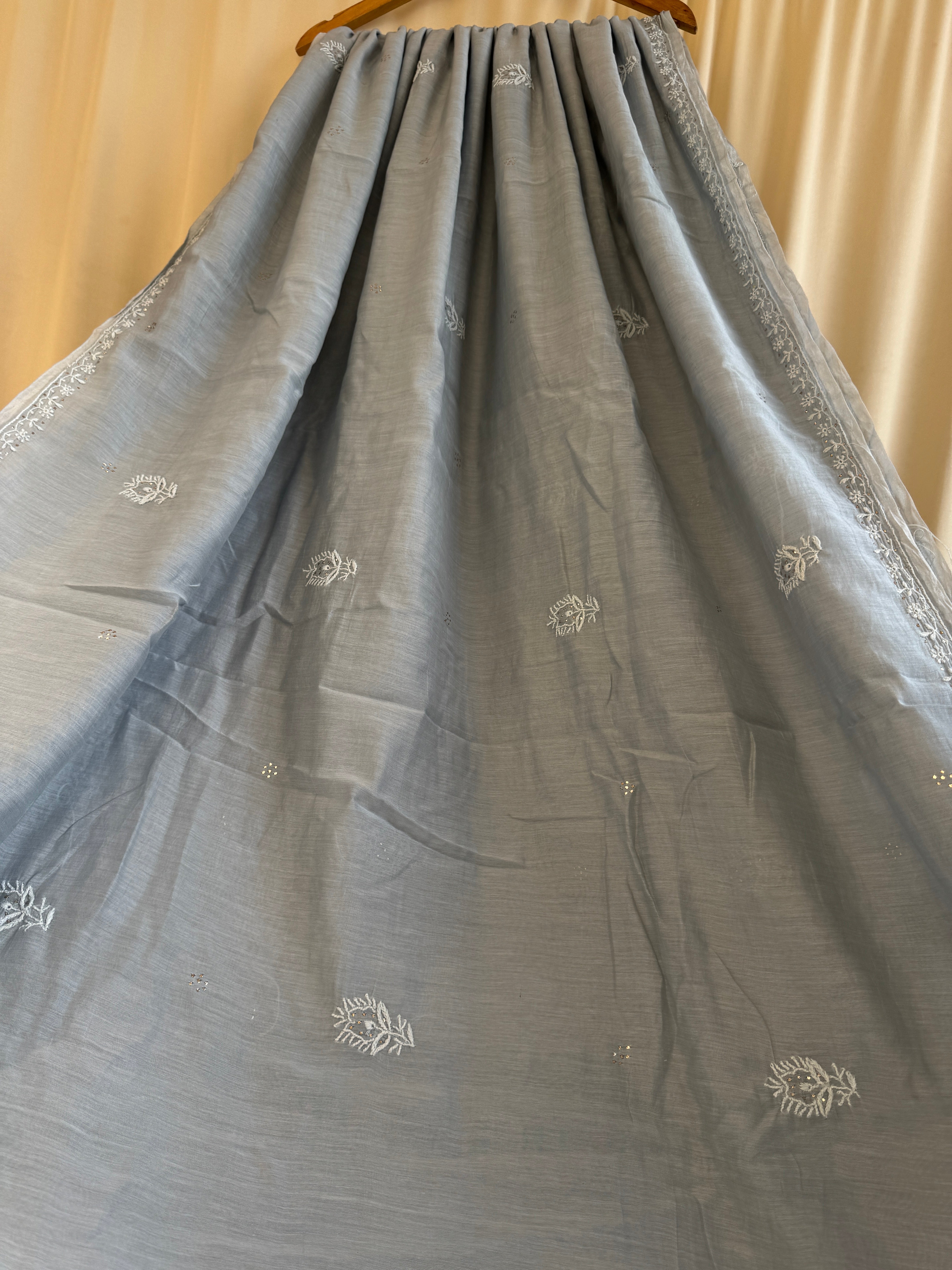 Pure Mul Cotton Chikankari saree in Grey with Mukaish work ARIAA CHIKANKARI