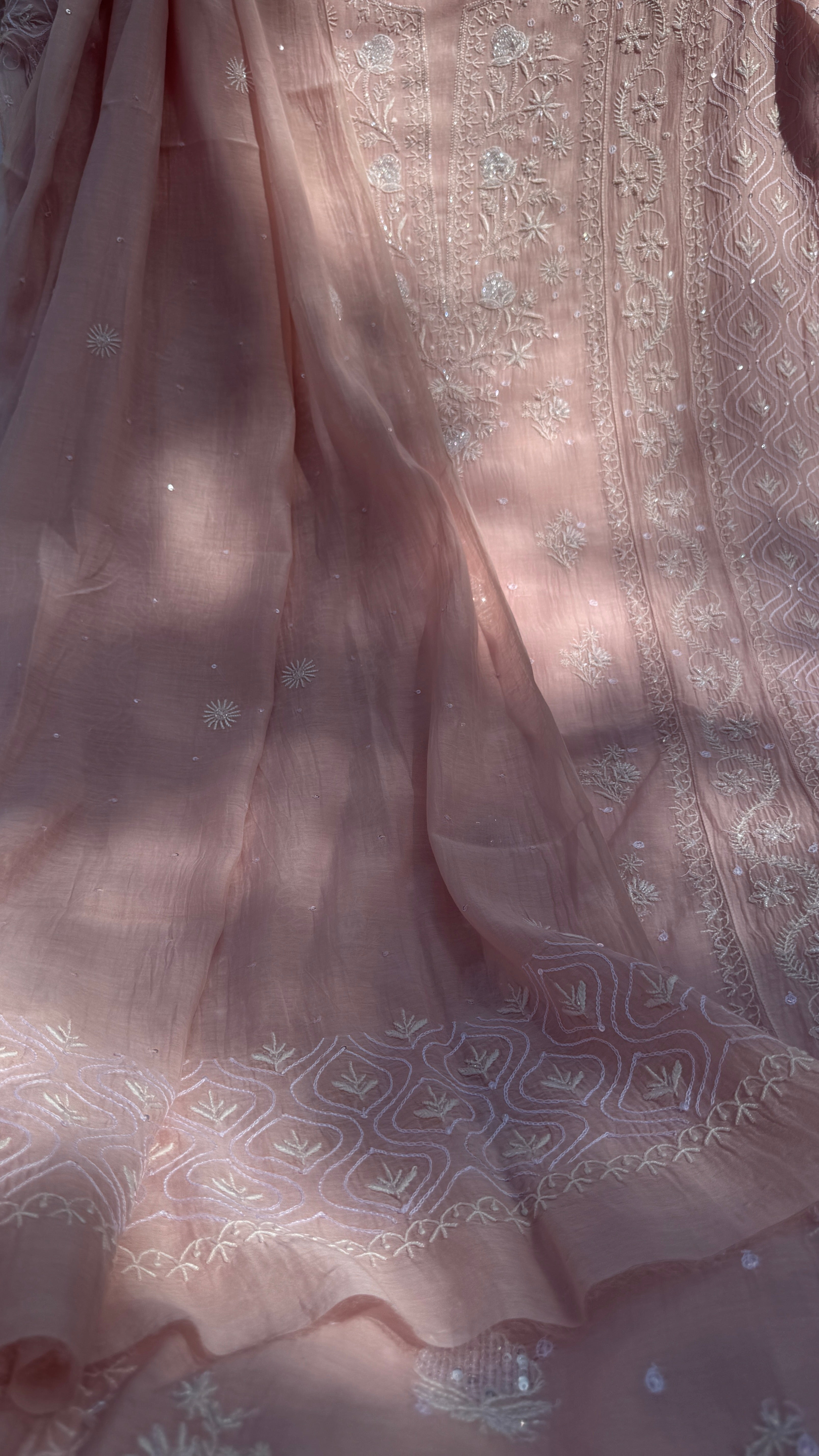 Mul Chanderi Chikankari - Unstitched Set - Pale Pink