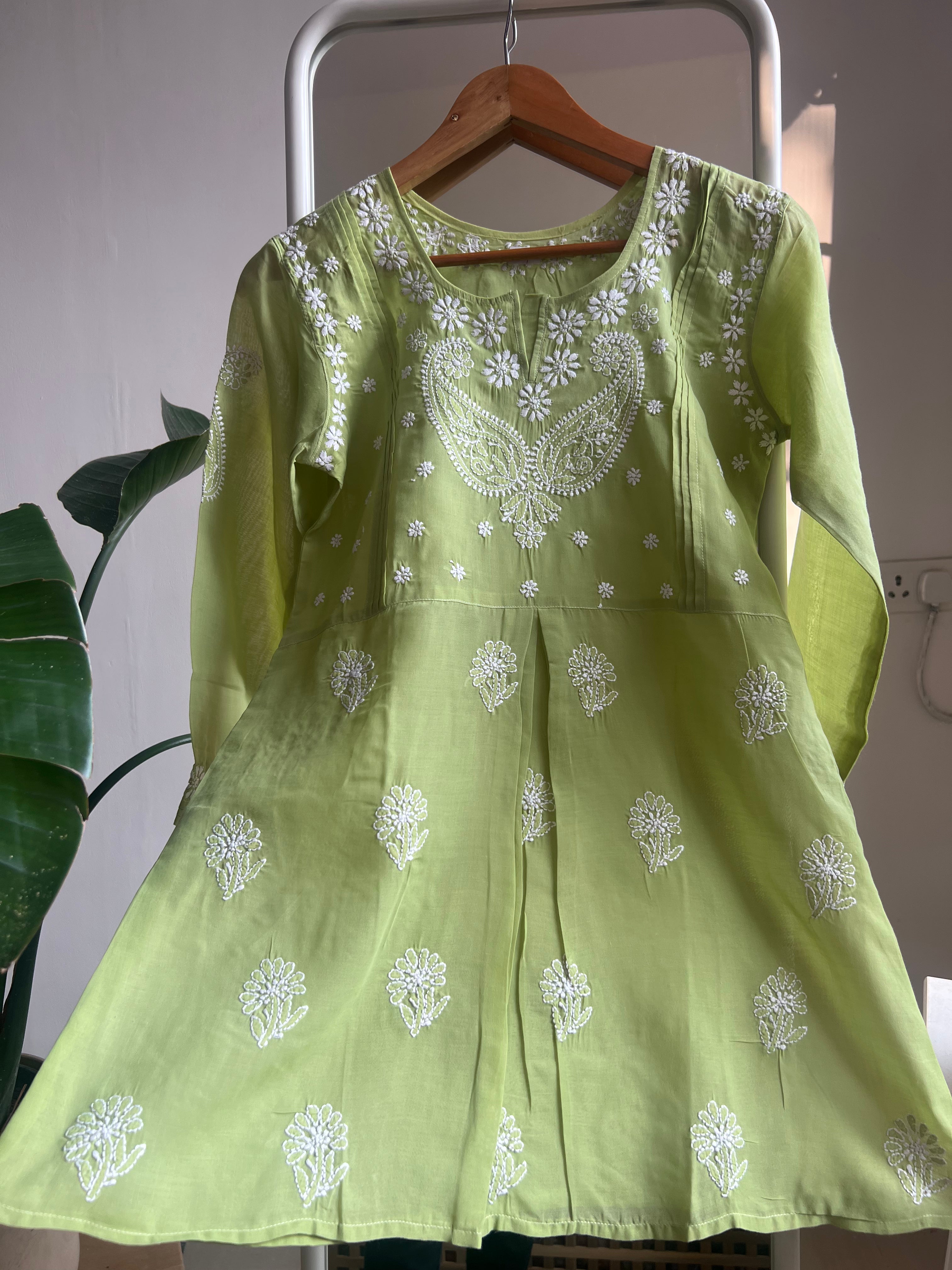 Voile Cotton Chikankari Full sleeves short Top - Sheen Green ARIAA CHIKANKARI