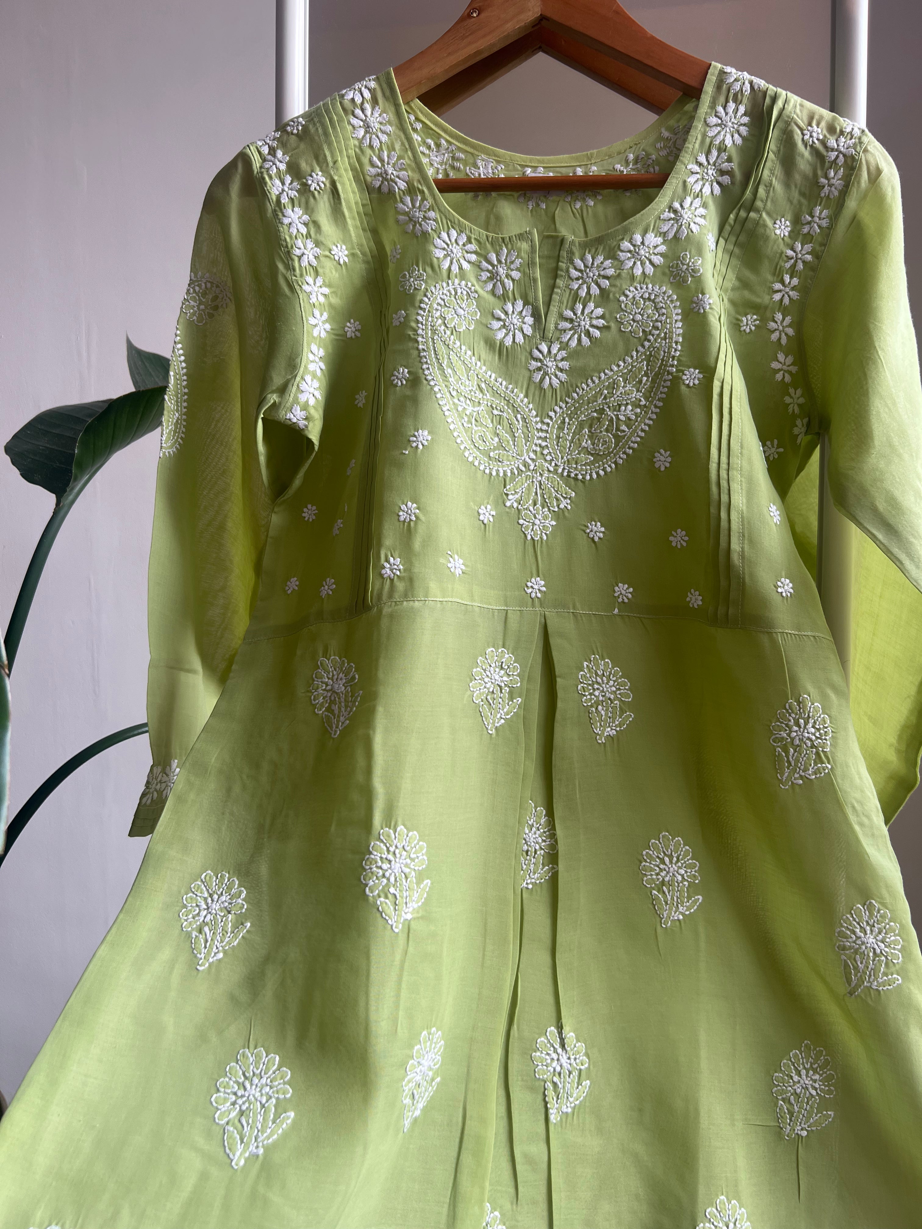 Voile Cotton Chikankari Full sleeves short Top - Sheen Green ARIAA CHIKANKARI