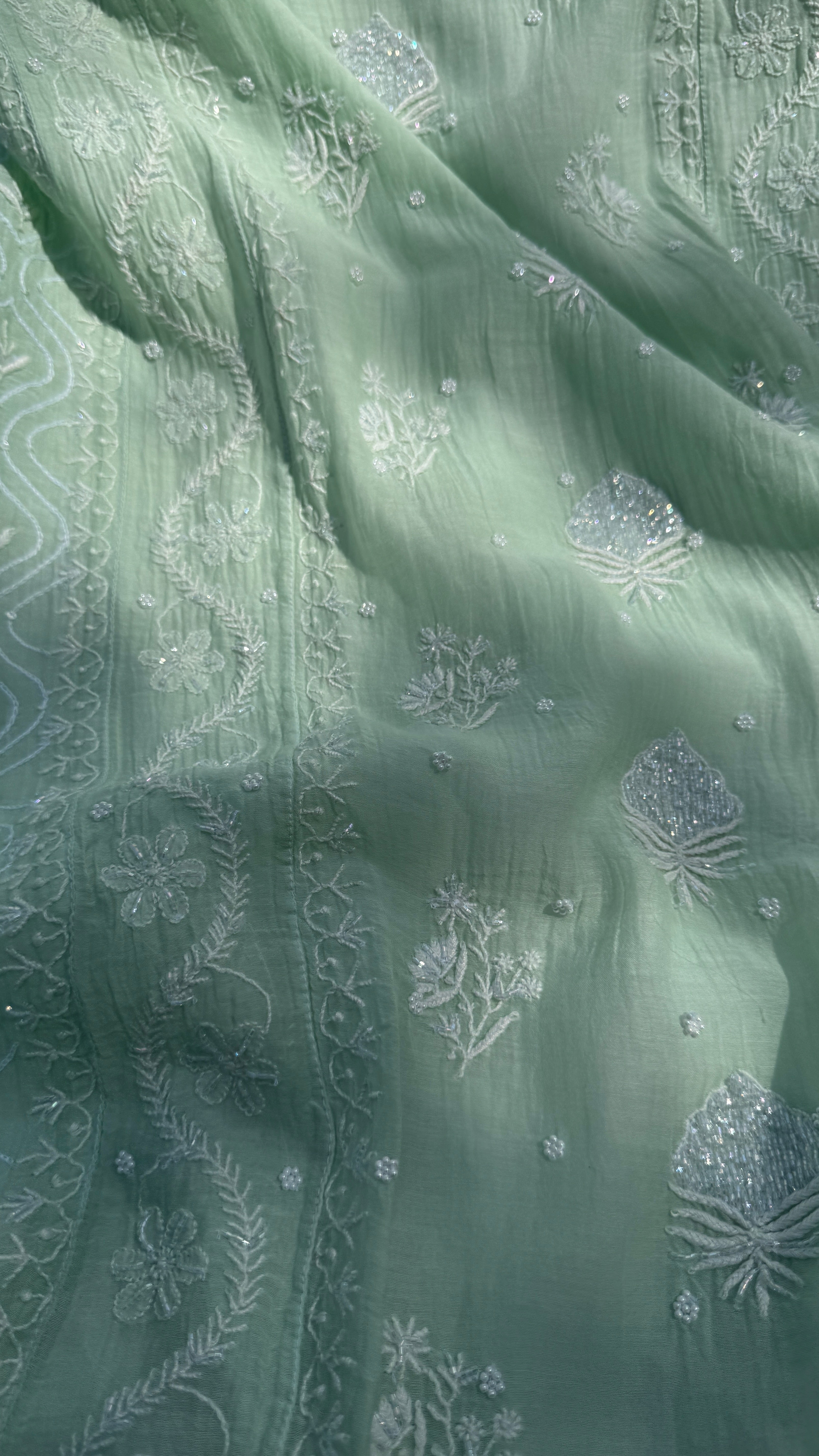 Mul Chanderi Chikankari - Unstitched Set - Green