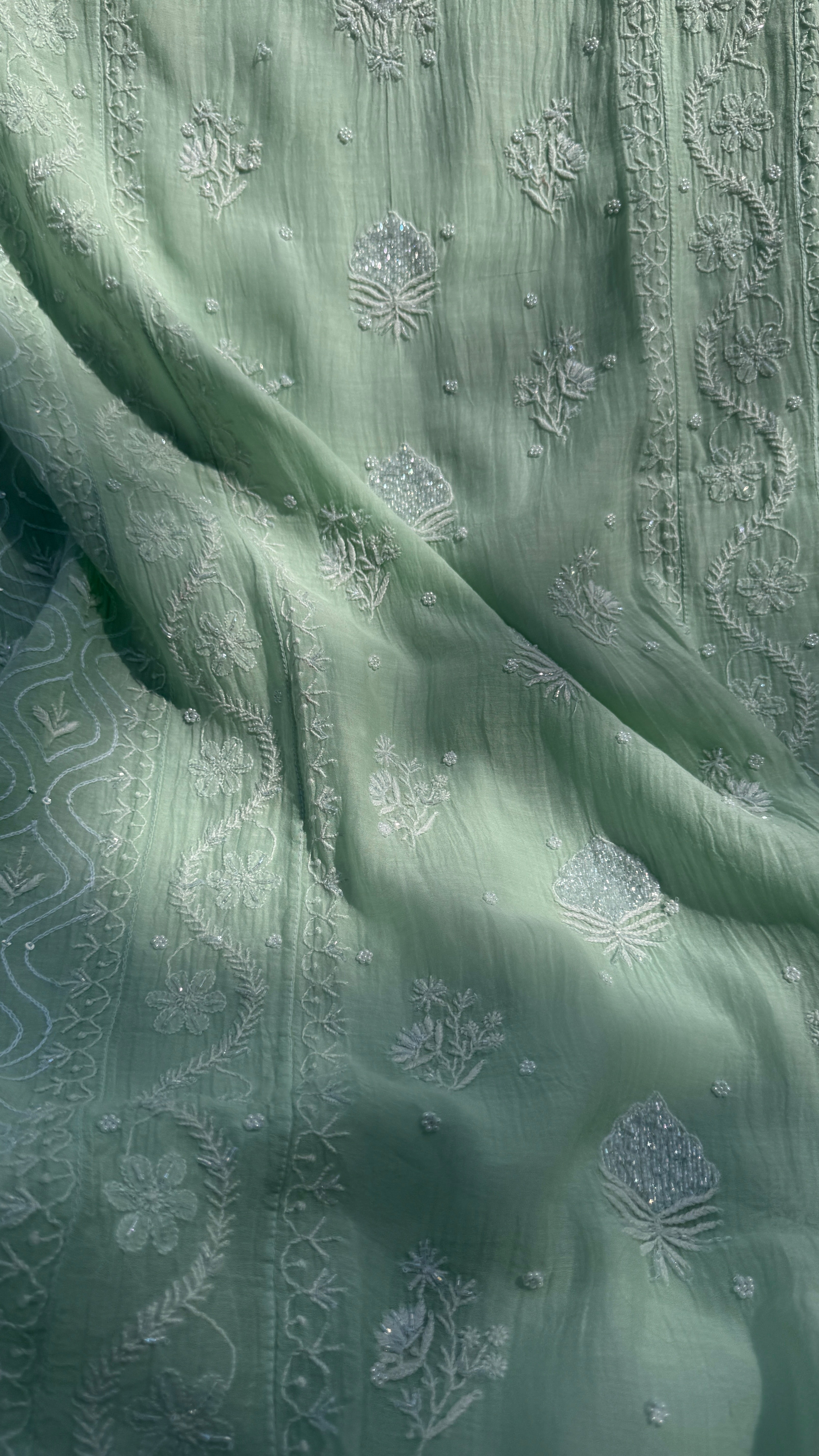 Mul Chanderi Chikankari - Unstitched Set - Green