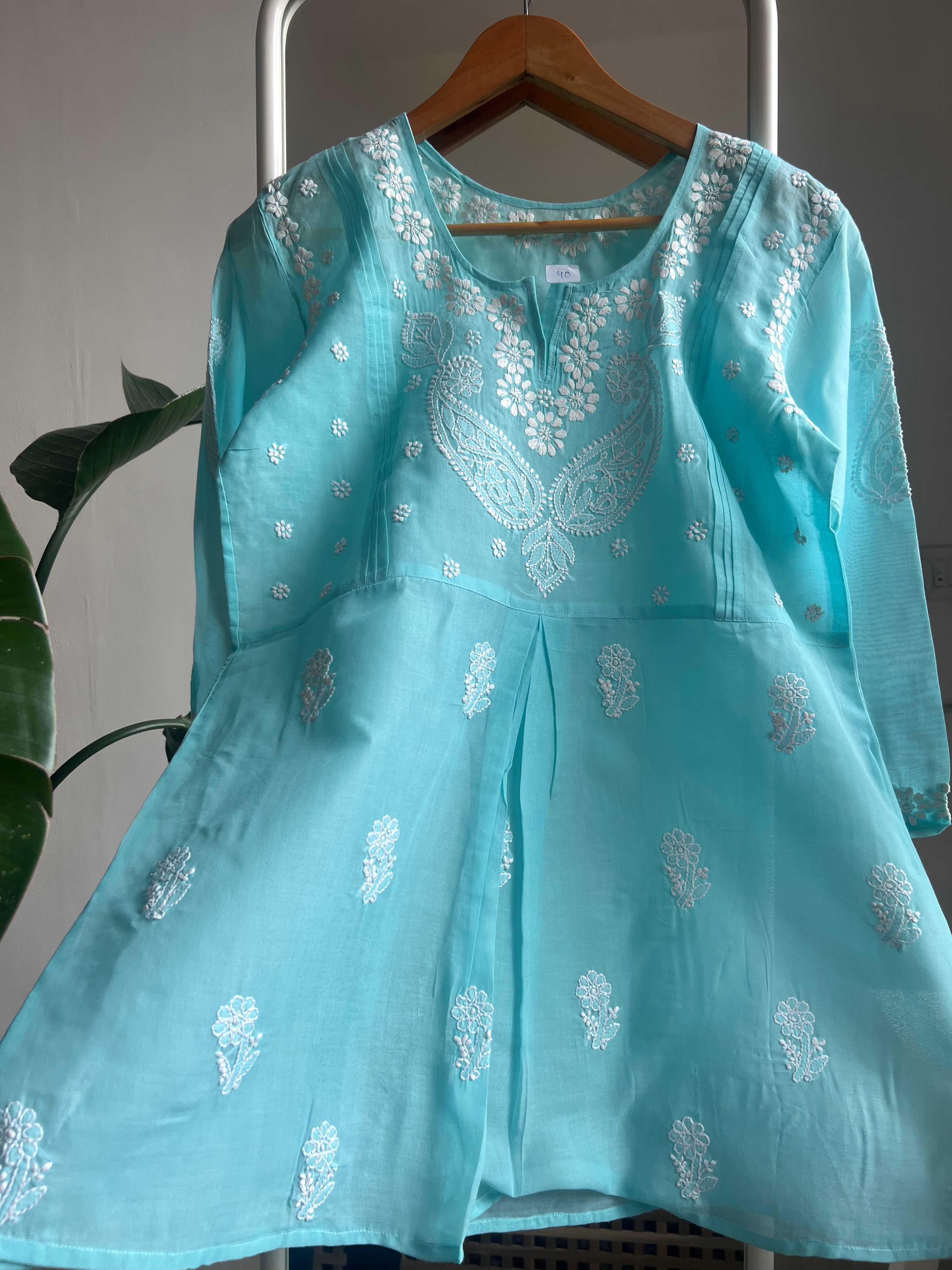 Voile Cotton Chikankari Full sleeves short Top - Blue ARIAA CHIKANKARI
