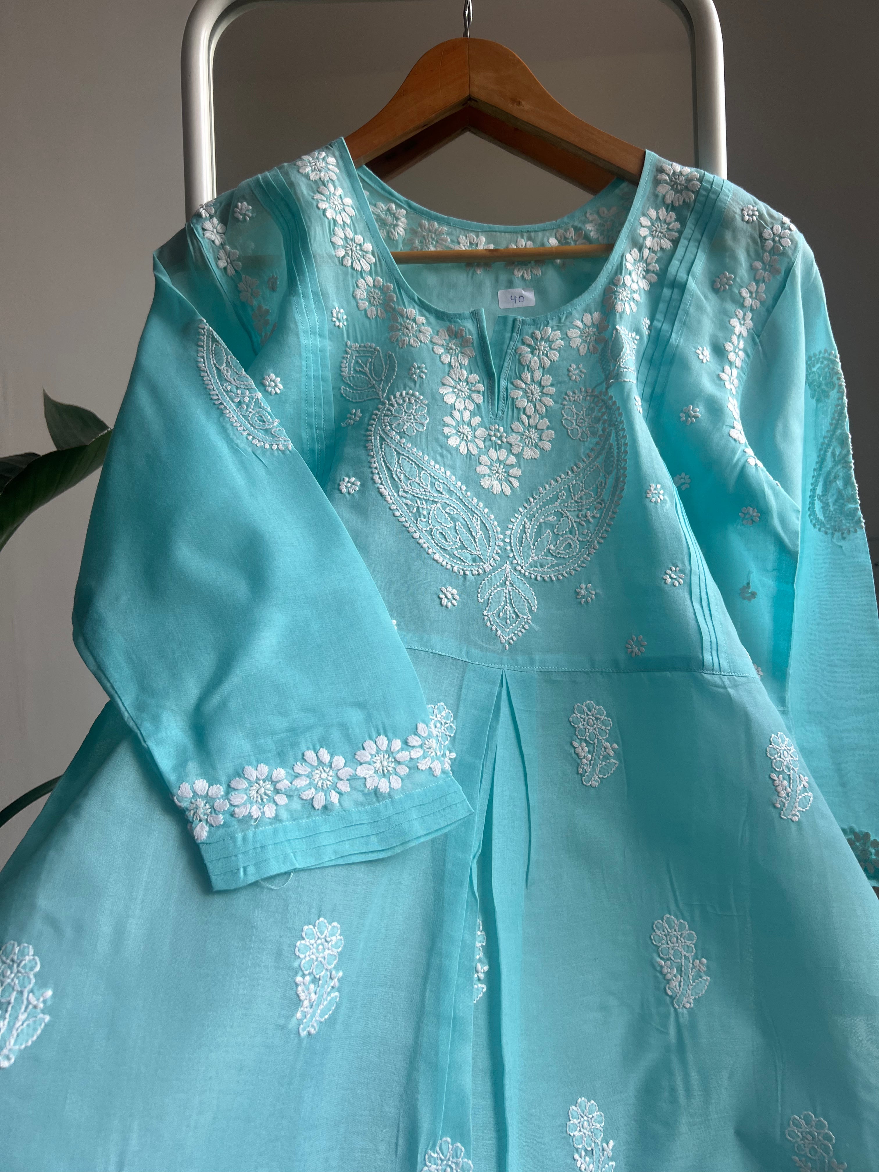 Voile Cotton Chikankari Full sleeves short Top - Blue ARIAA CHIKANKARI