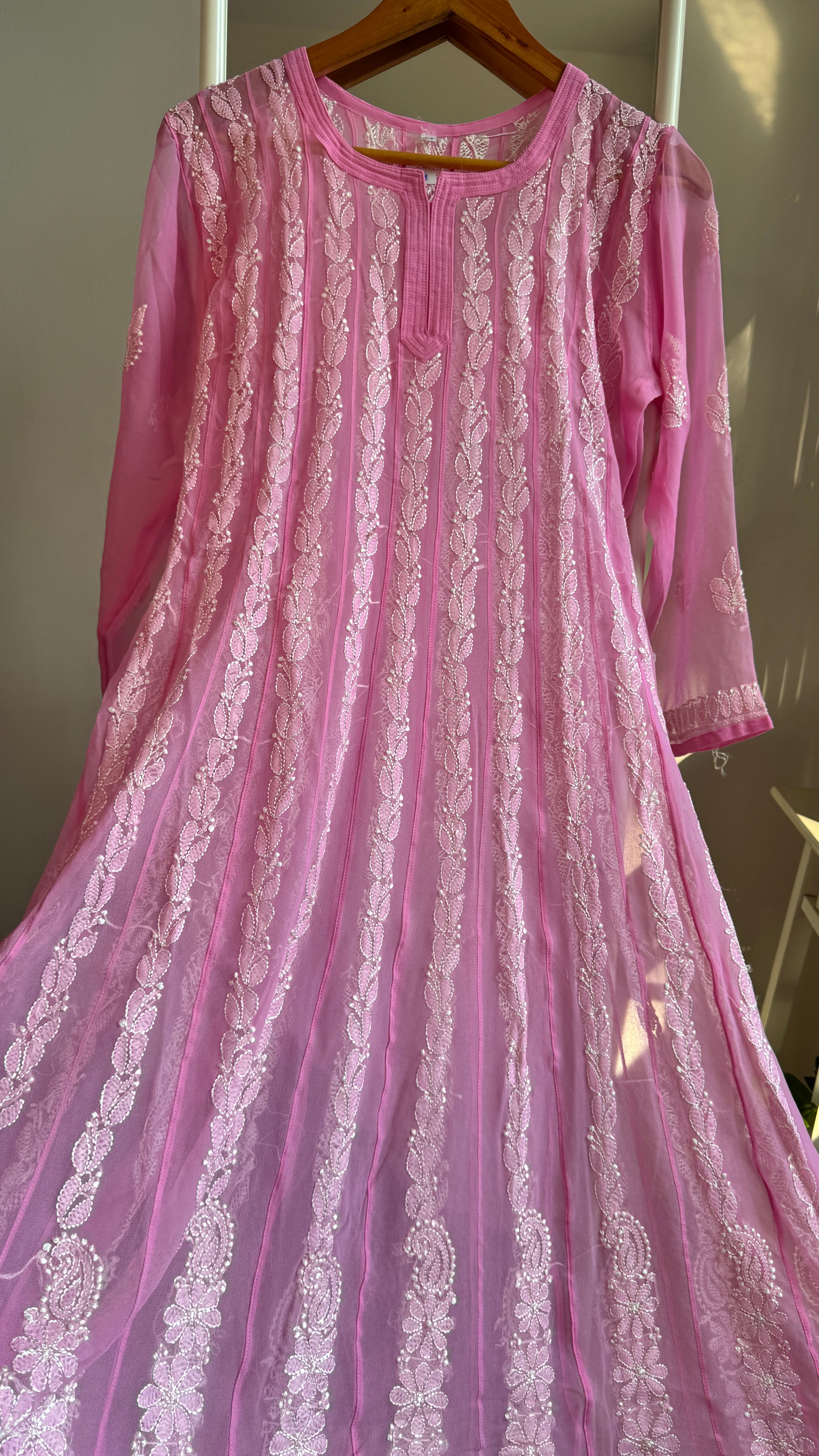 Georgette Chikankari Anarkali - Pink