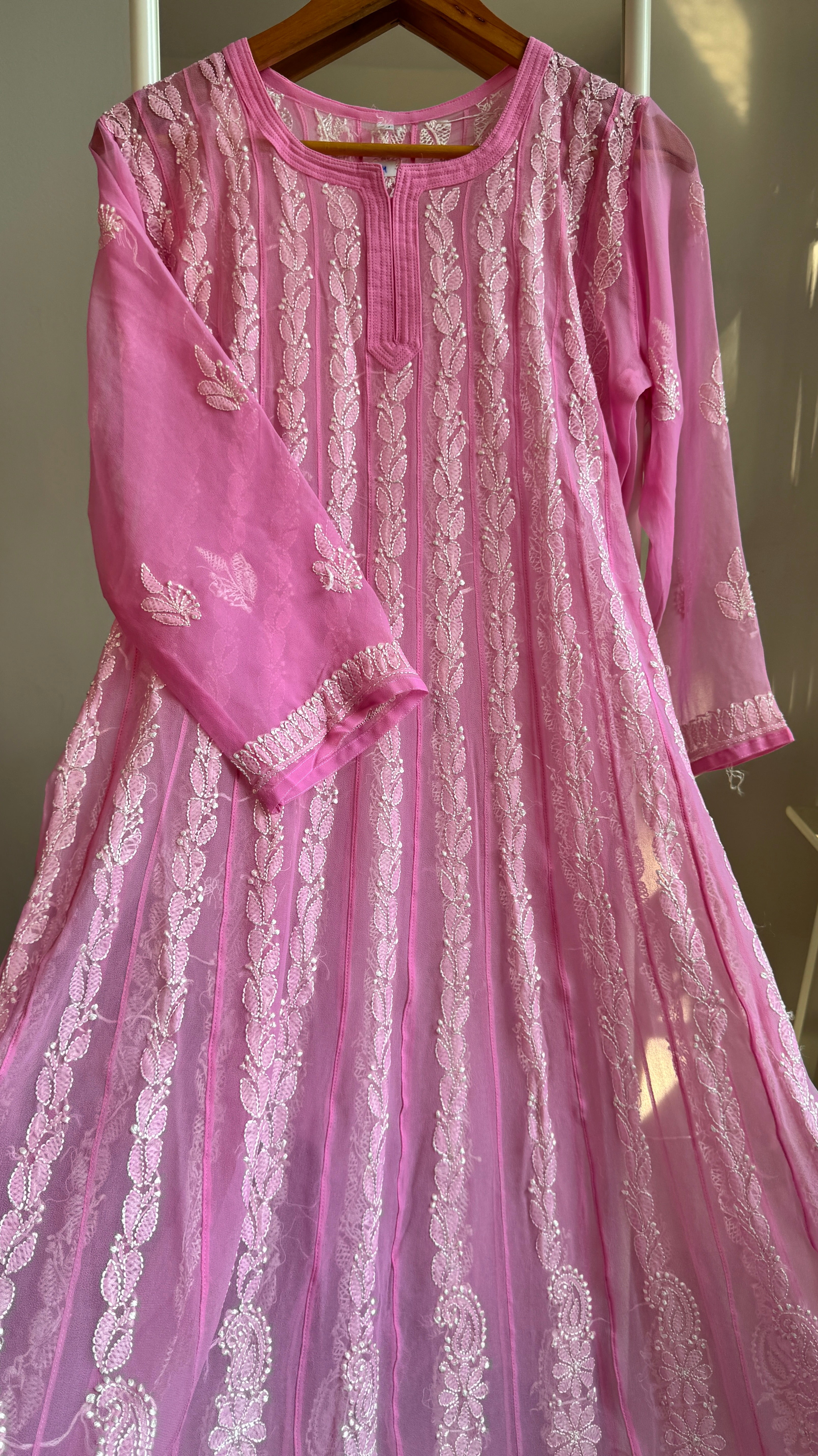 Georgette Chikankari Anarkali - Pink