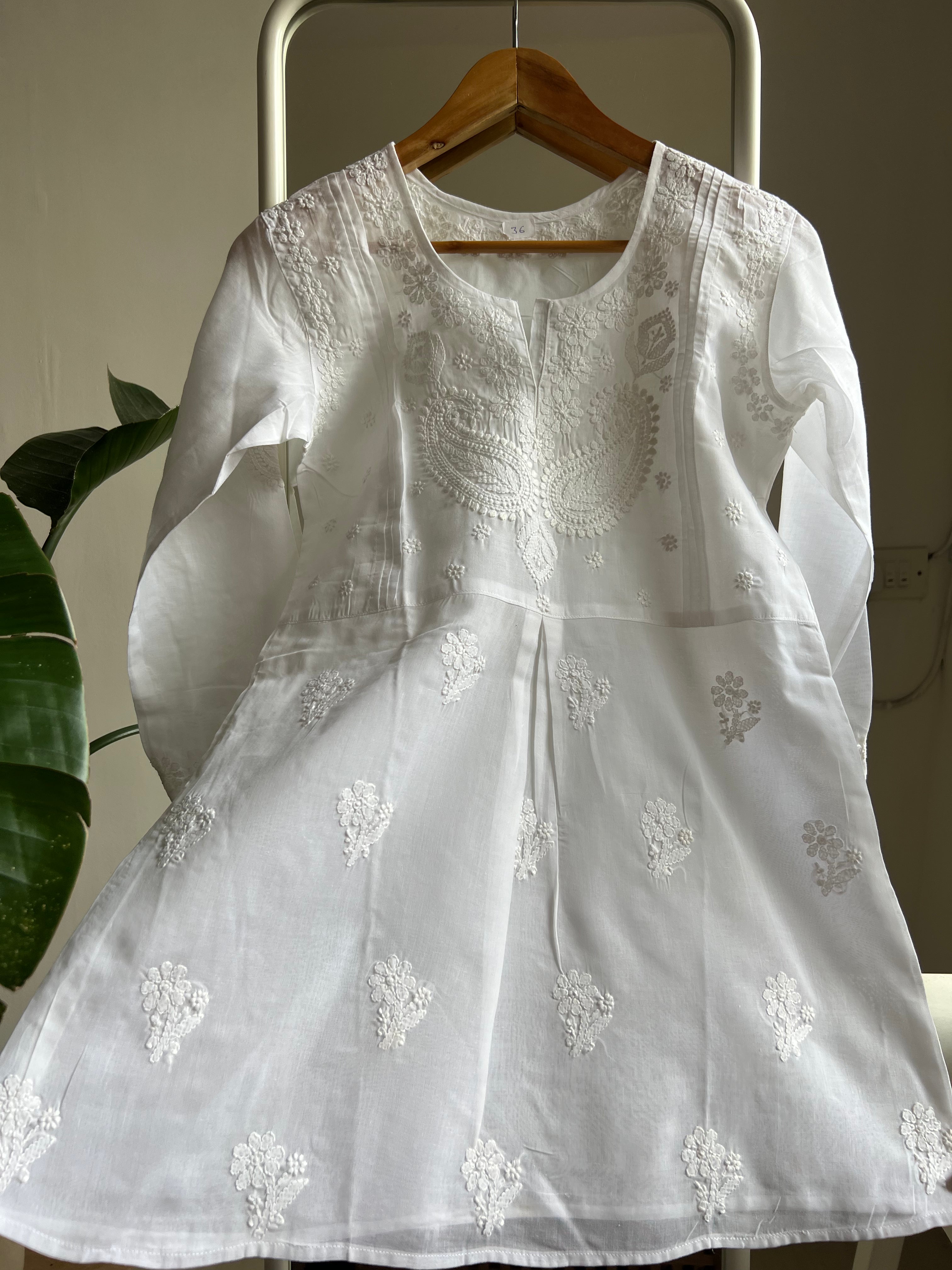 Voile Cotton Chikankari Full sleeves short Top - White ARIAA CHIKANKARI