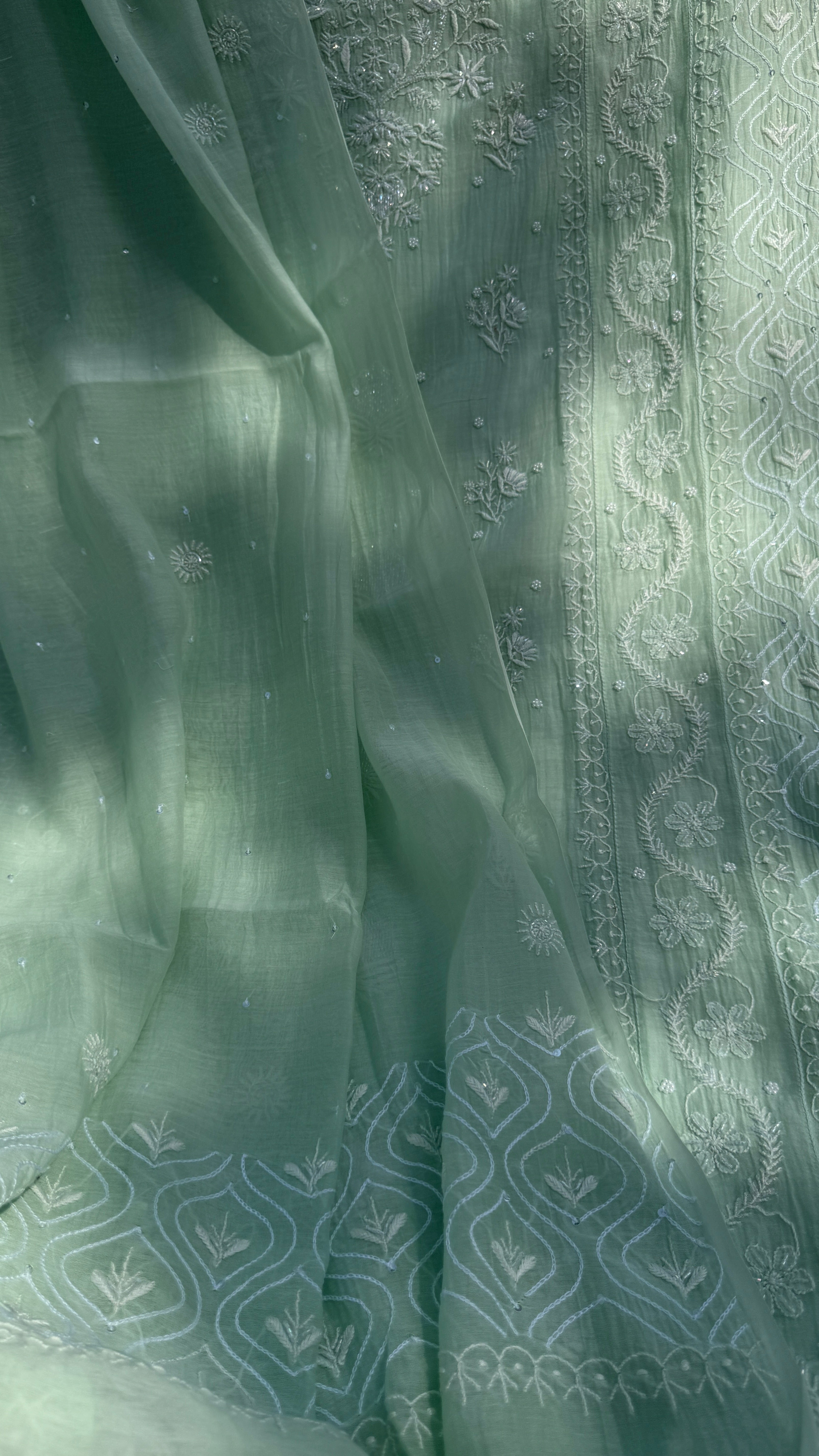 Mul Chanderi Chikankari - Unstitched Set - Green