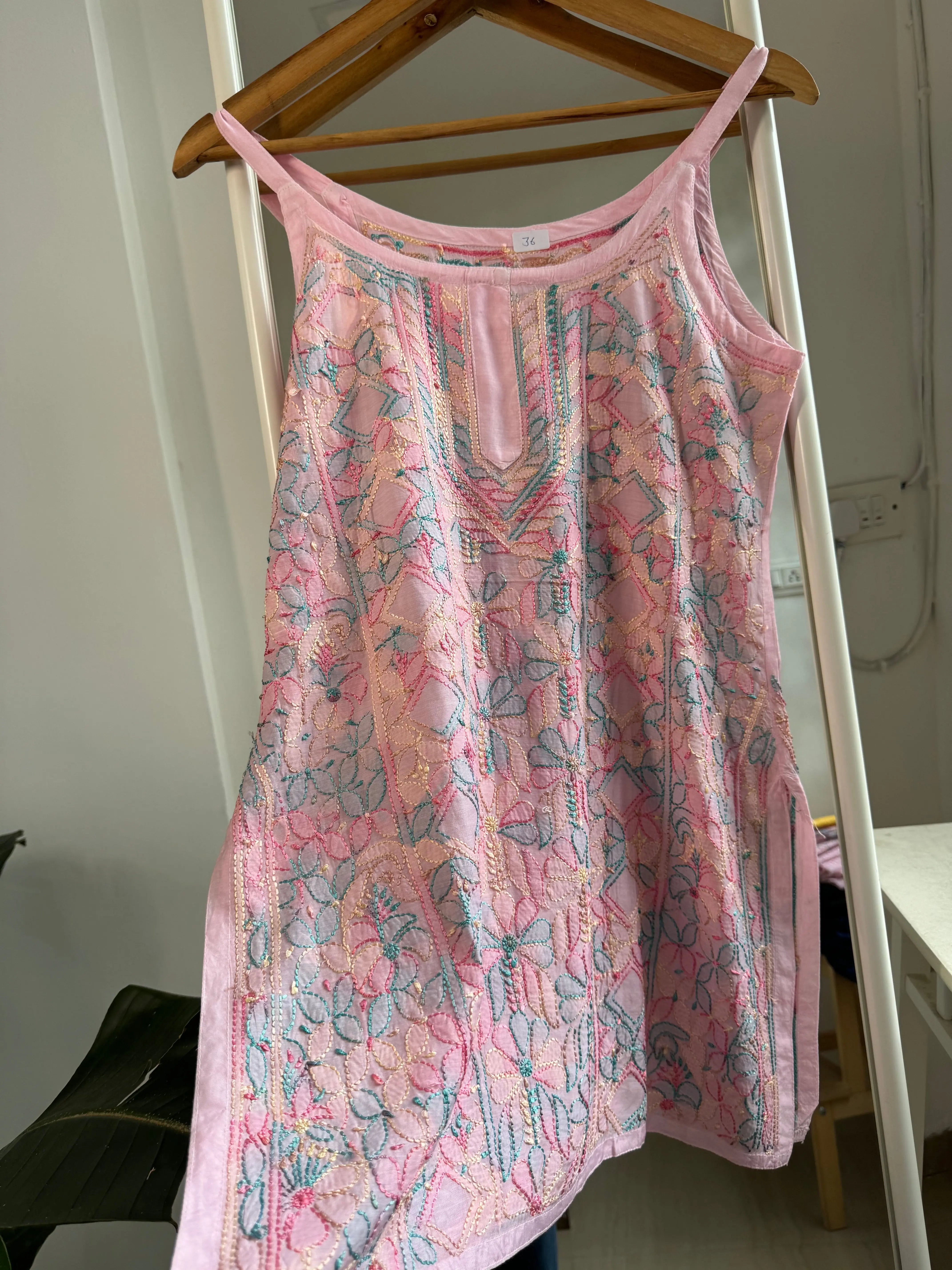 Muslin Chikankari Noodle Strap short Top - Pink Multicolor Thread work ARIAA CHIKANKARI