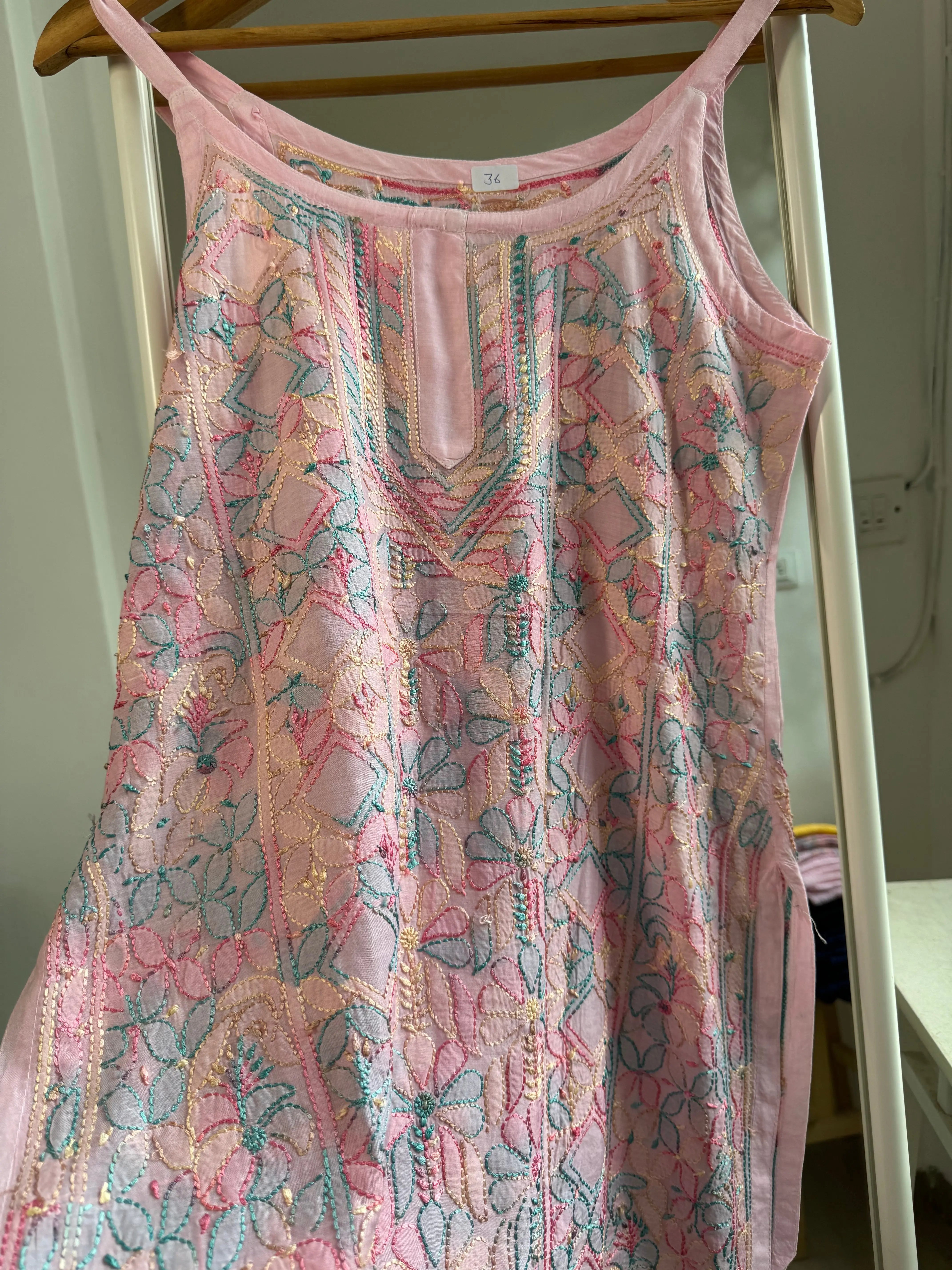 Muslin Chikankari Noodle Strap short Top - Pink Multicolor Thread work ARIAA CHIKANKARI