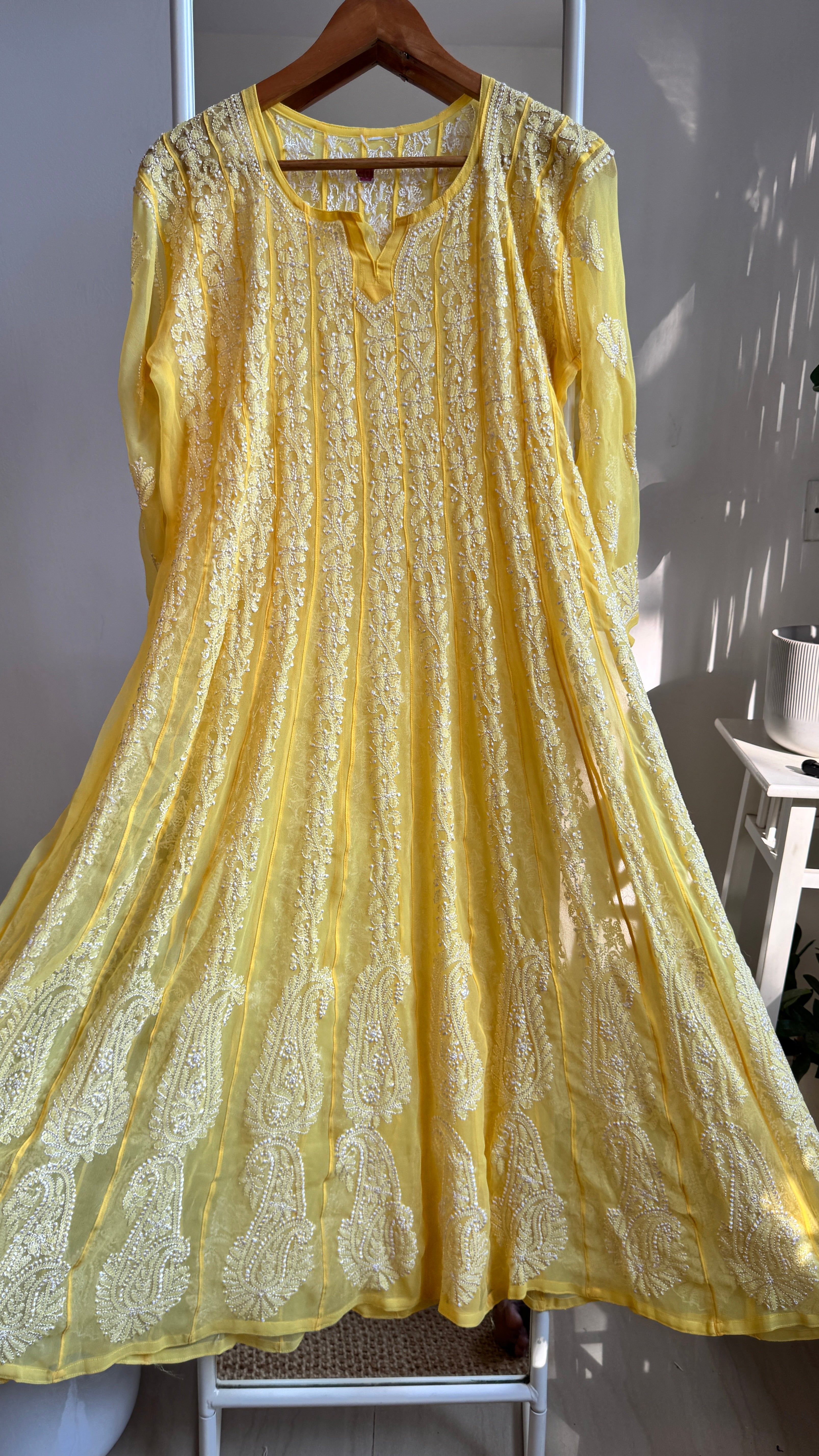 Georgette Chikankari Anarkali - Yellow