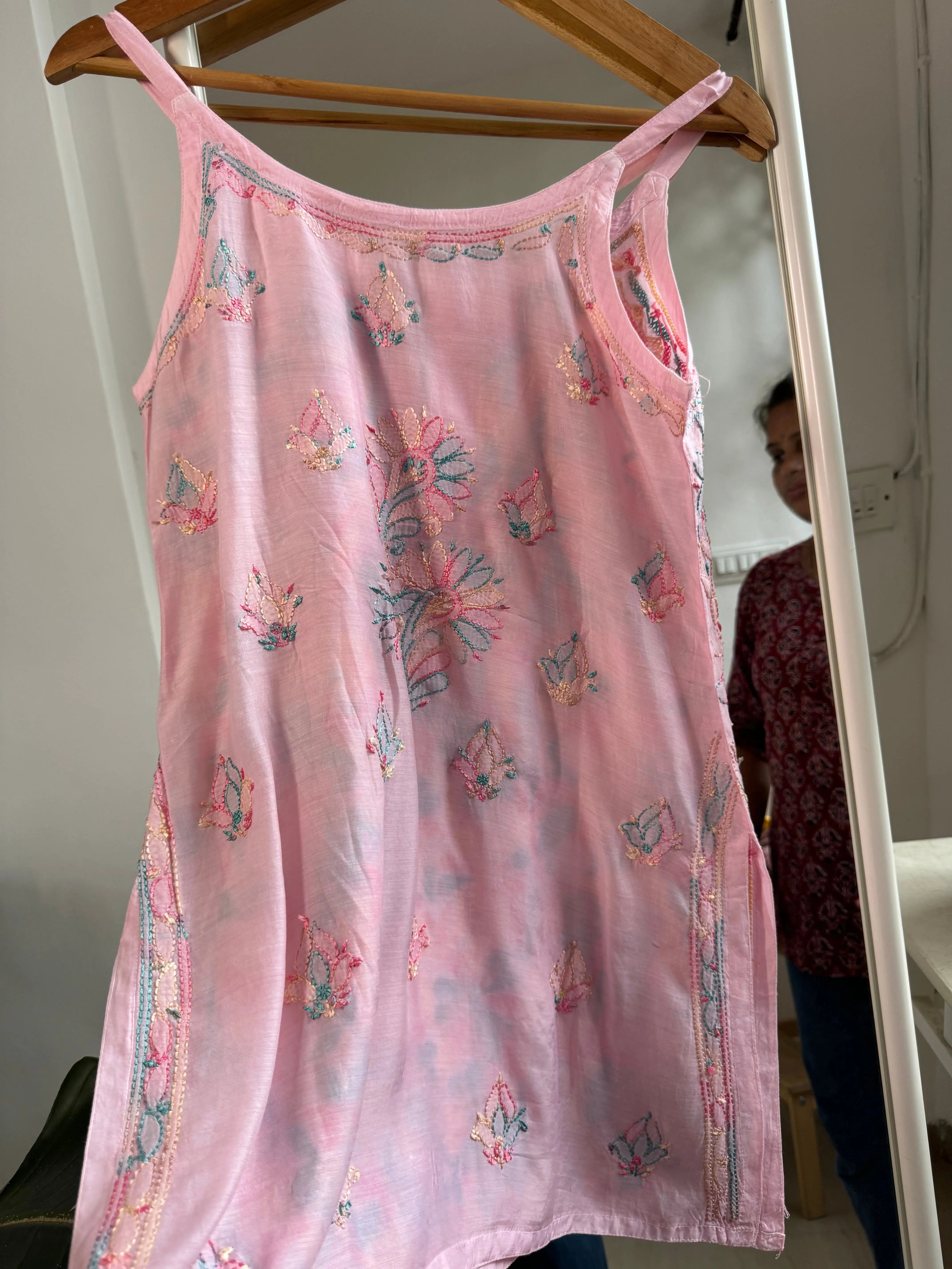 Muslin Chikankari Noodle Strap short Top - Pink Multicolor Thread work ARIAA CHIKANKARI