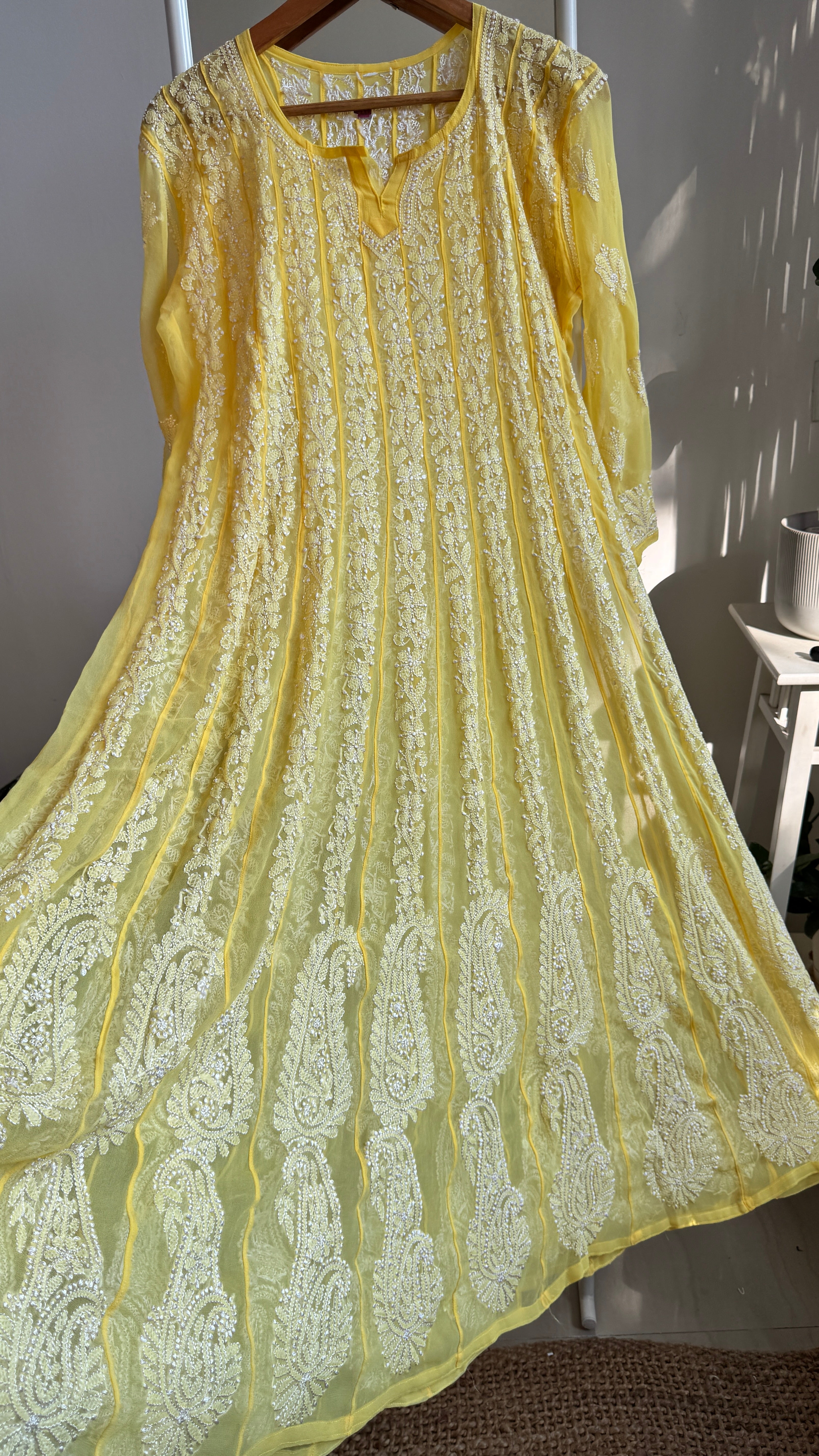 Georgette Chikankari Anarkali - Yellow