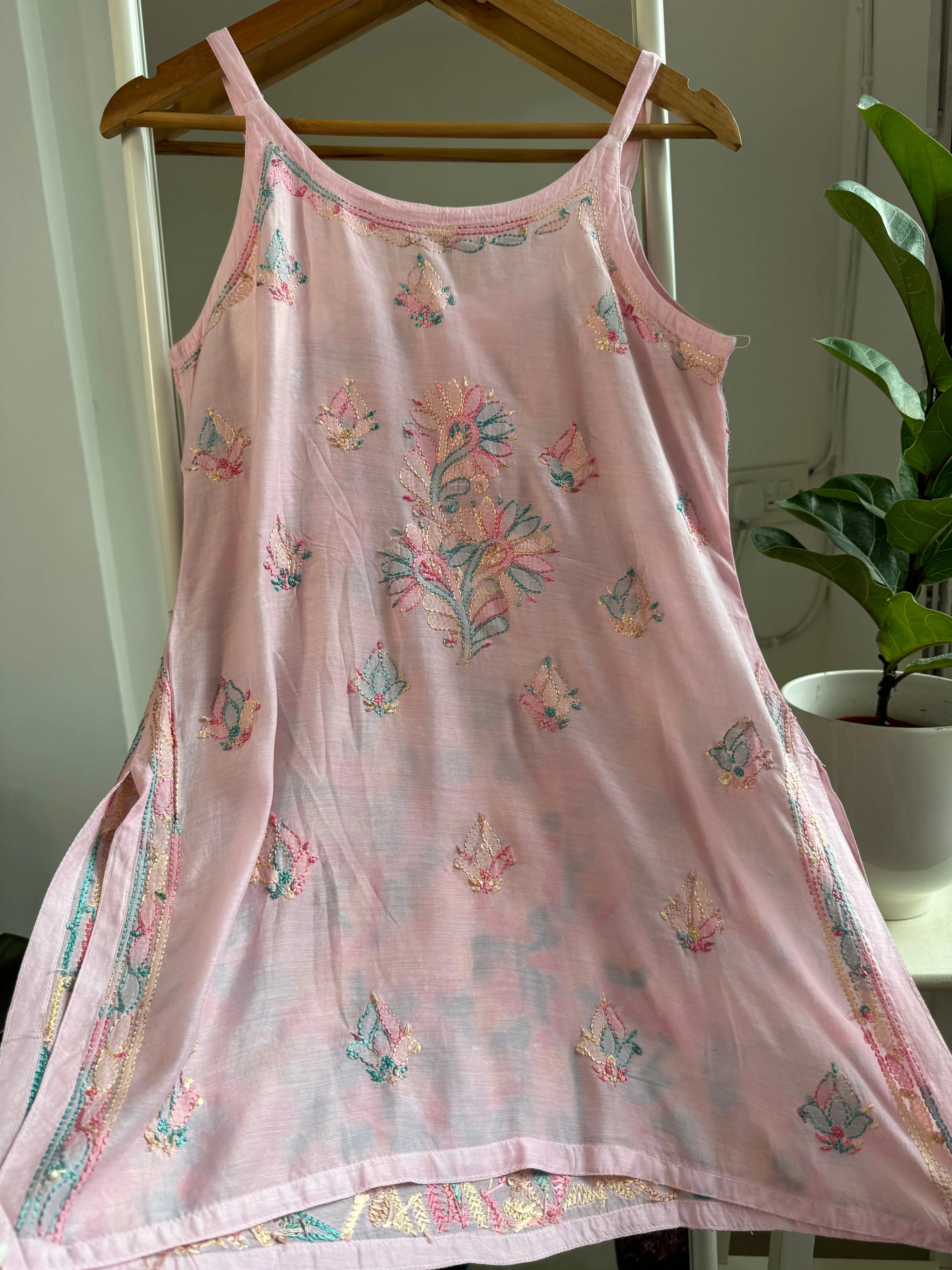 Muslin Chikankari Noodle Strap short Top - Pink Multicolor Thread work ARIAA CHIKANKARI