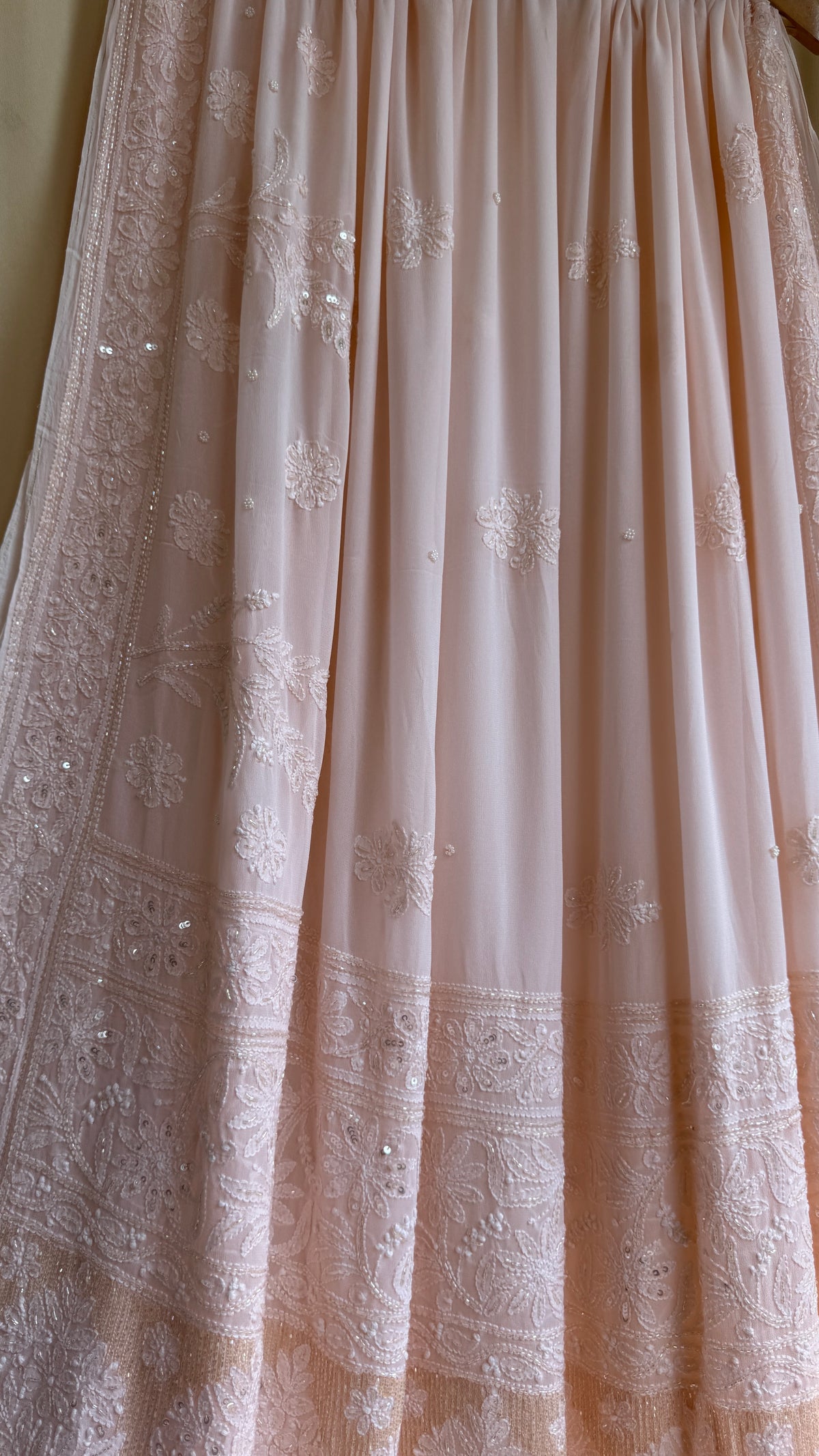 Viscose Chikankari saree with Pearl embellishments -Peach