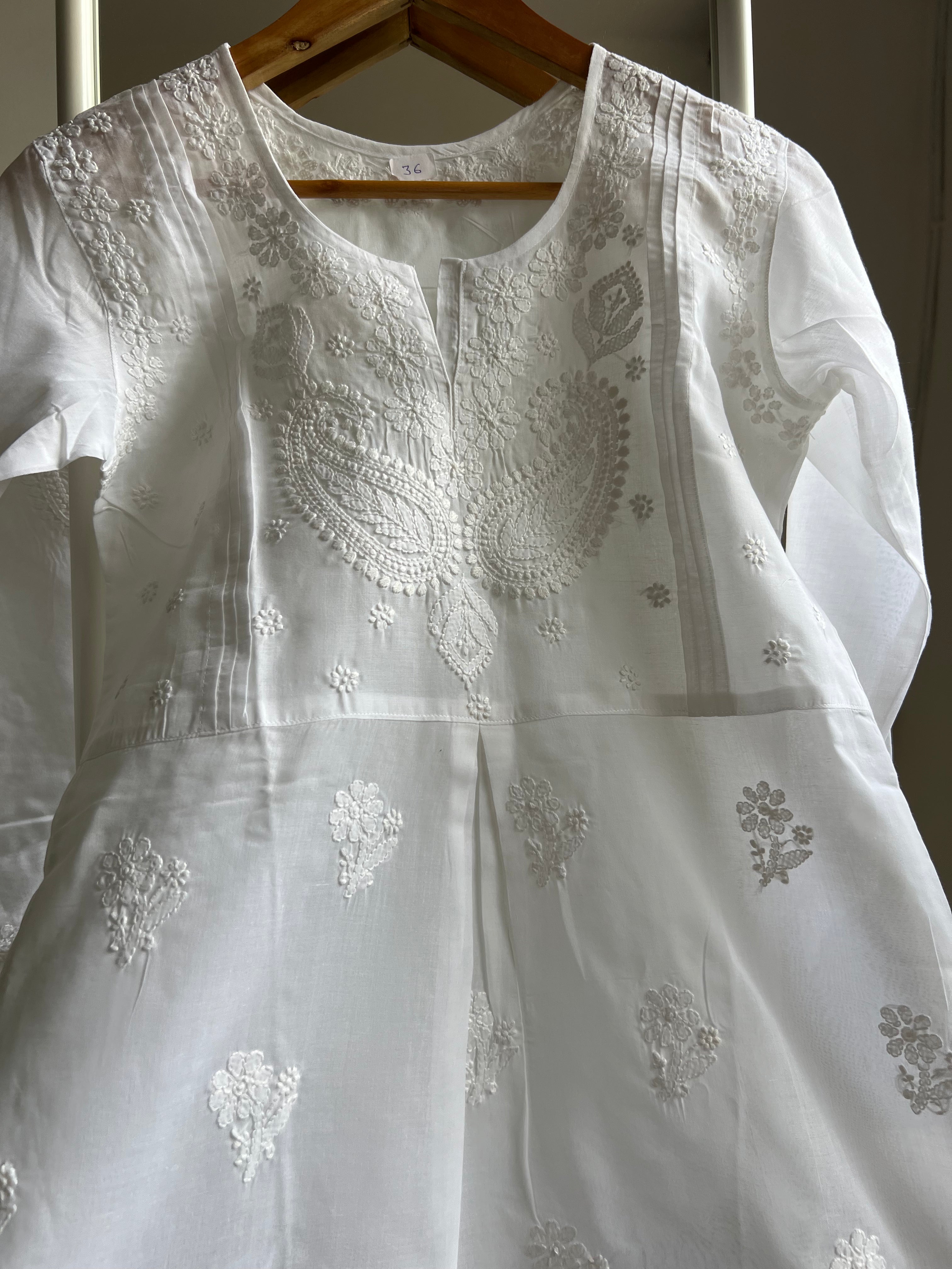 Voile Cotton Chikankari Full sleeves short Top - White ARIAA CHIKANKARI