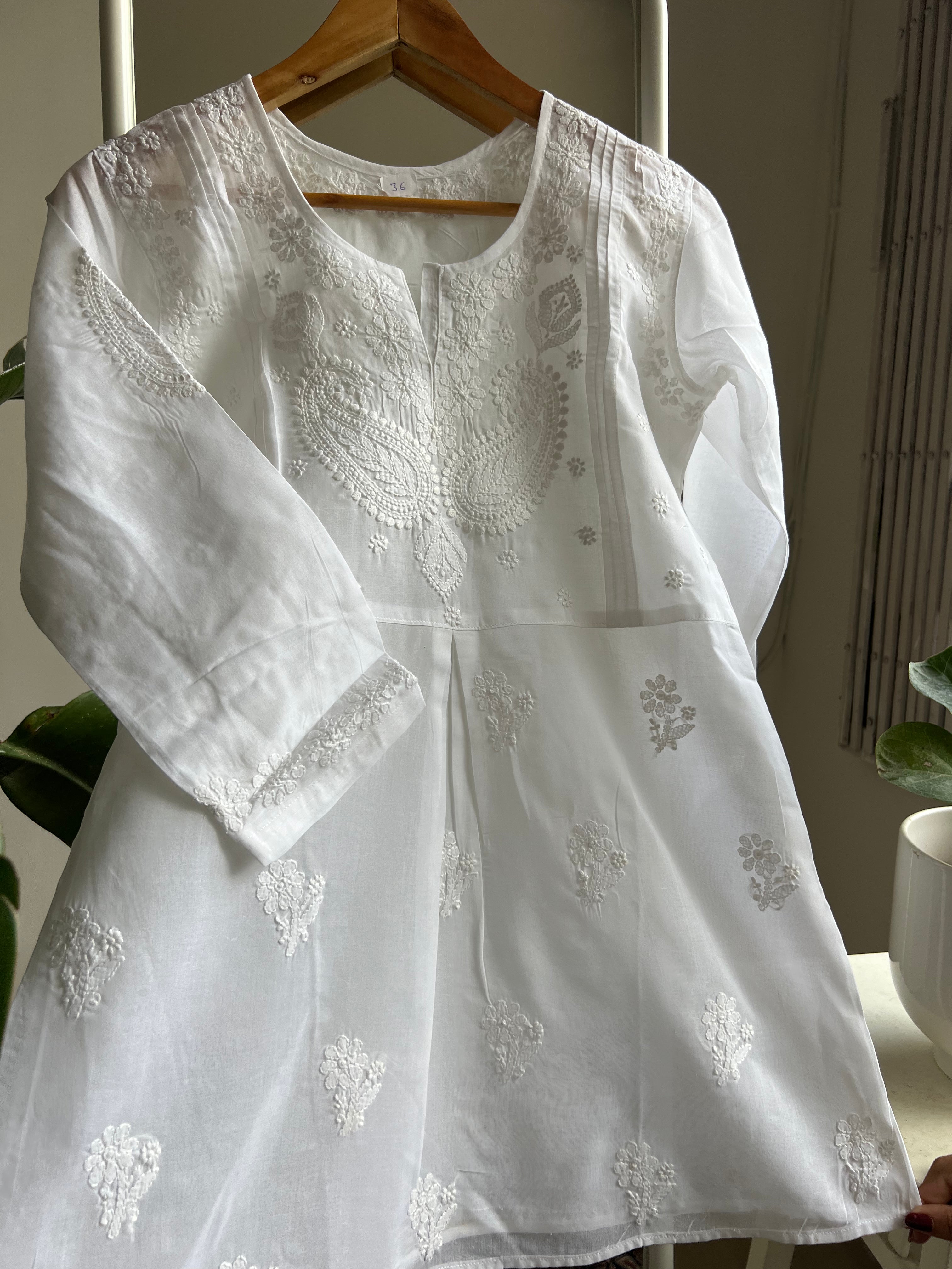 Voile Cotton Chikankari Full sleeves short Top - White ARIAA CHIKANKARI