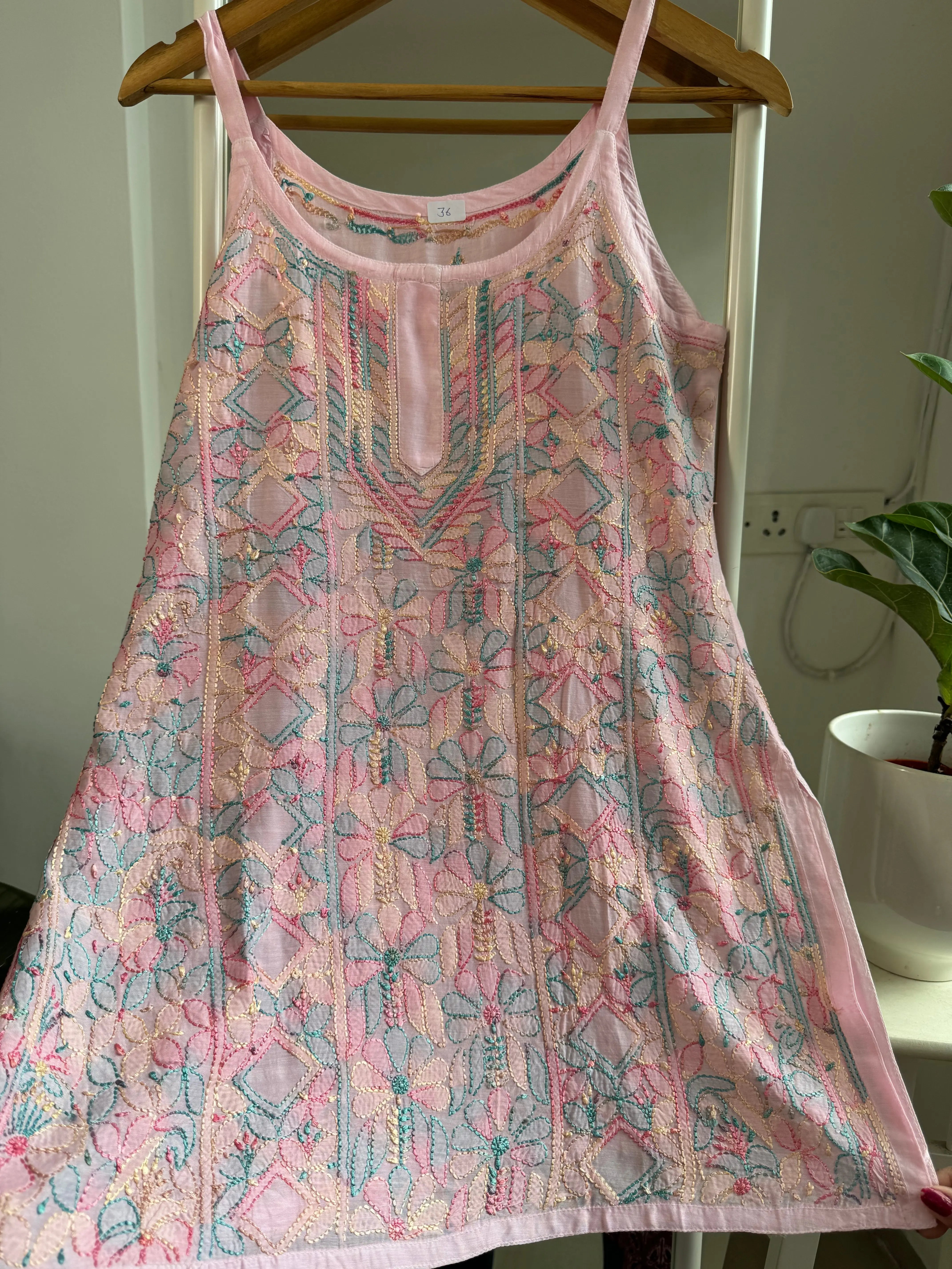 Muslin Chikankari Noodle Strap short Top - Pink Multicolor Thread work ARIAA CHIKANKARI