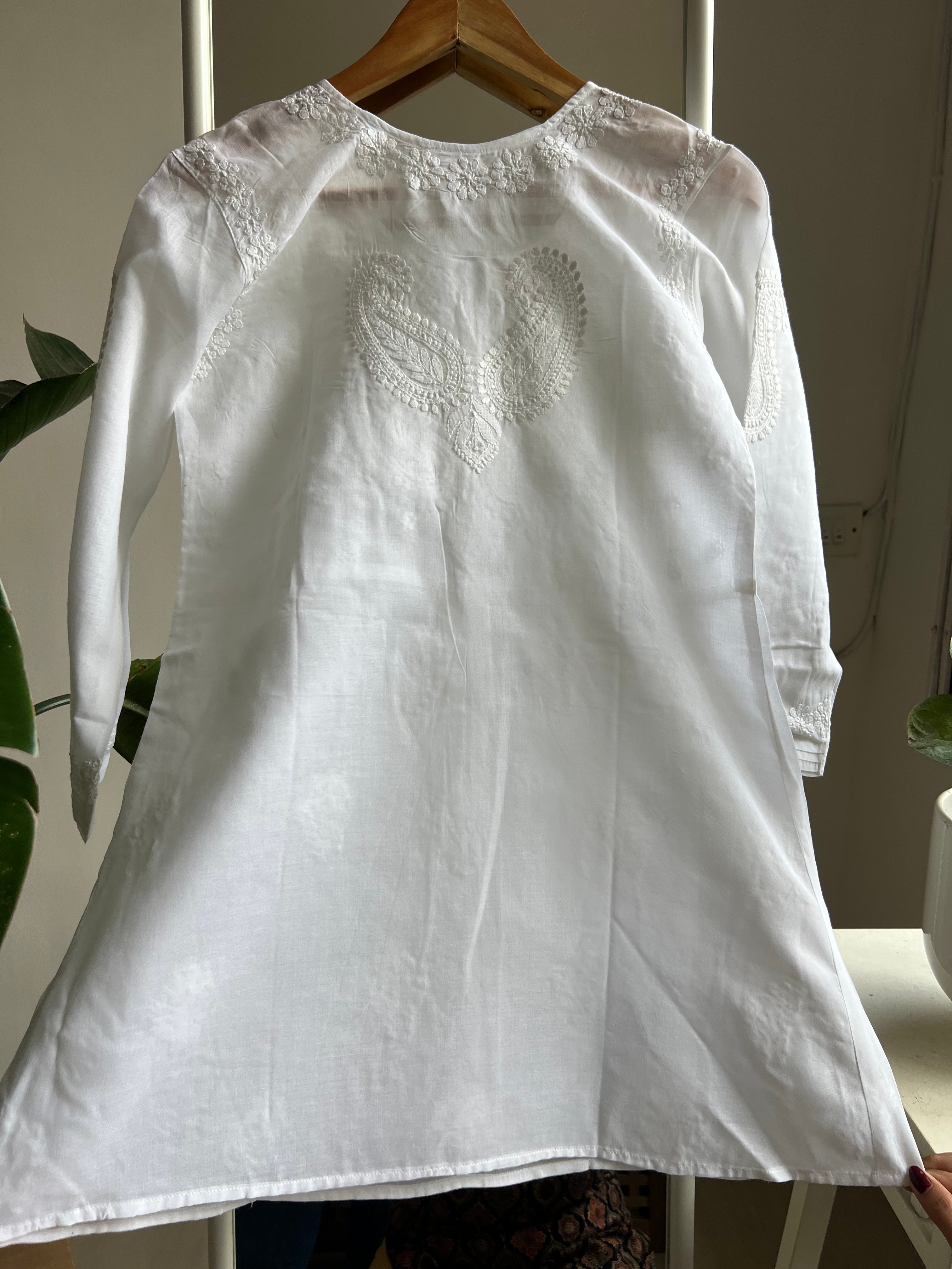 Voile Cotton Chikankari Full sleeves short Top - White ARIAA CHIKANKARI