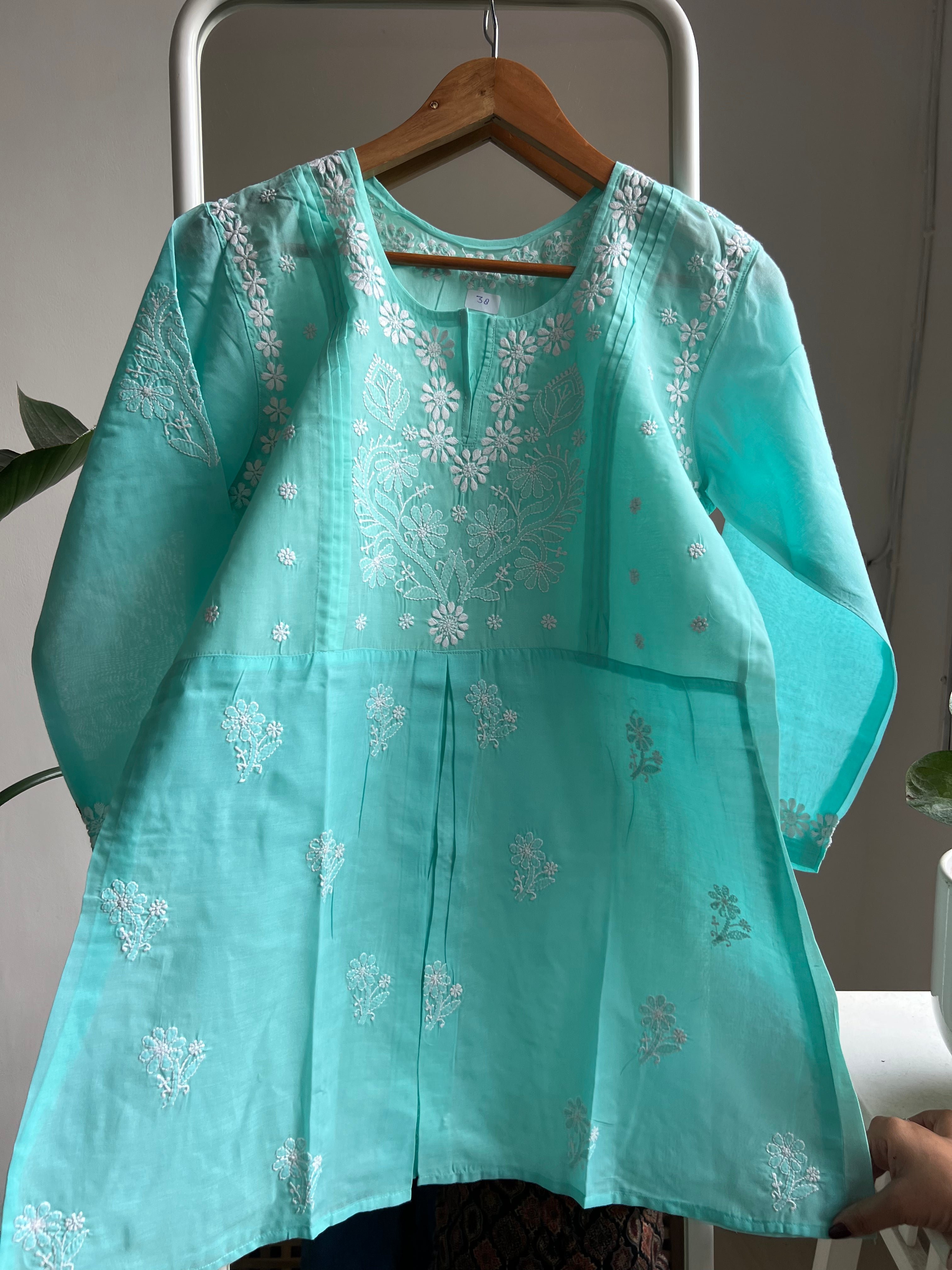 Voile Cotton Chikankari Full sleeves short Top - Cyan Green ARIAA CHIKANKARI