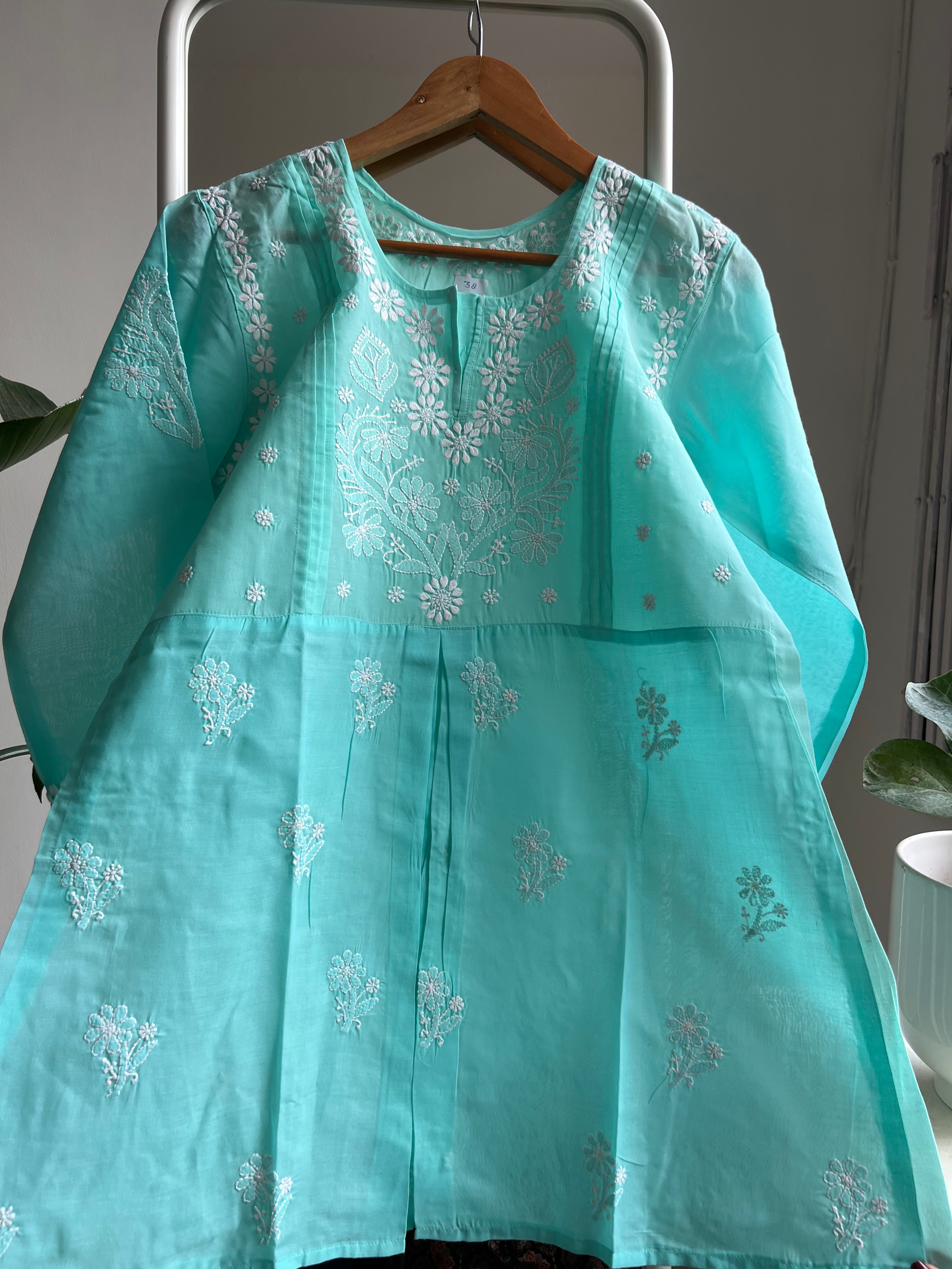 Voile Cotton Chikankari Full sleeves short Top - Cyan Green ARIAA CHIKANKARI