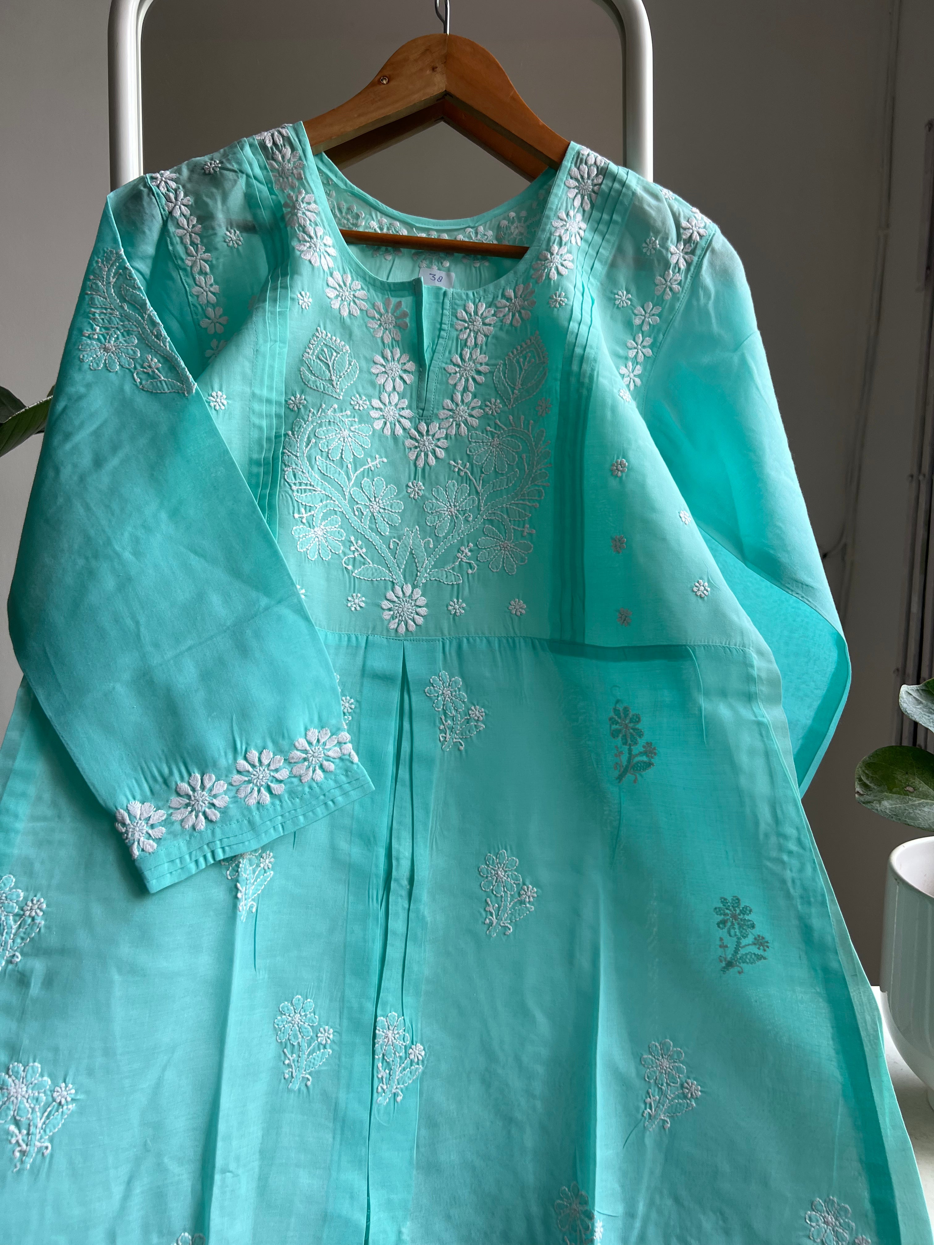 Voile Cotton Chikankari Full sleeves short Top - Cyan Green ARIAA CHIKANKARI