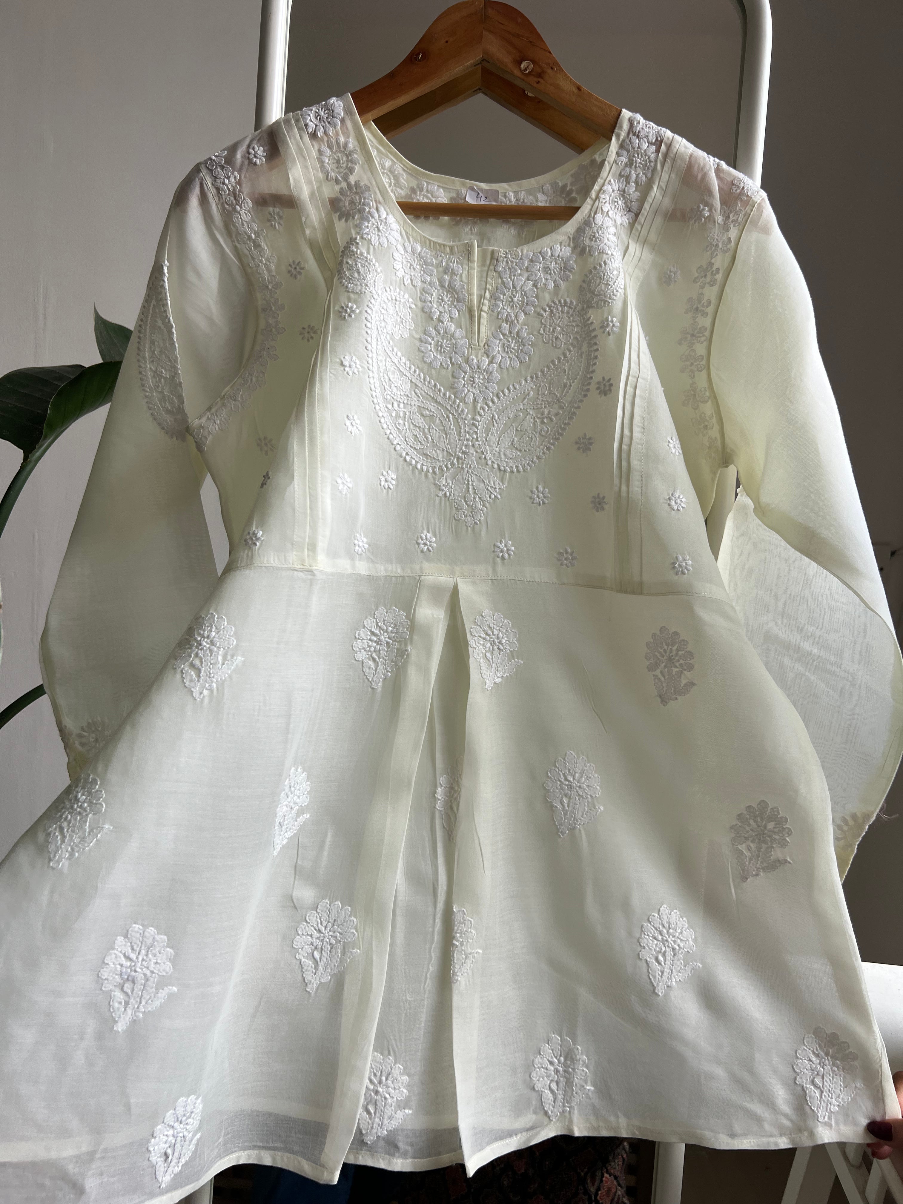 Voile Cotton Chikankari Full sleeves short Top - Lemon Yellow ARIAA CHIKANKARI