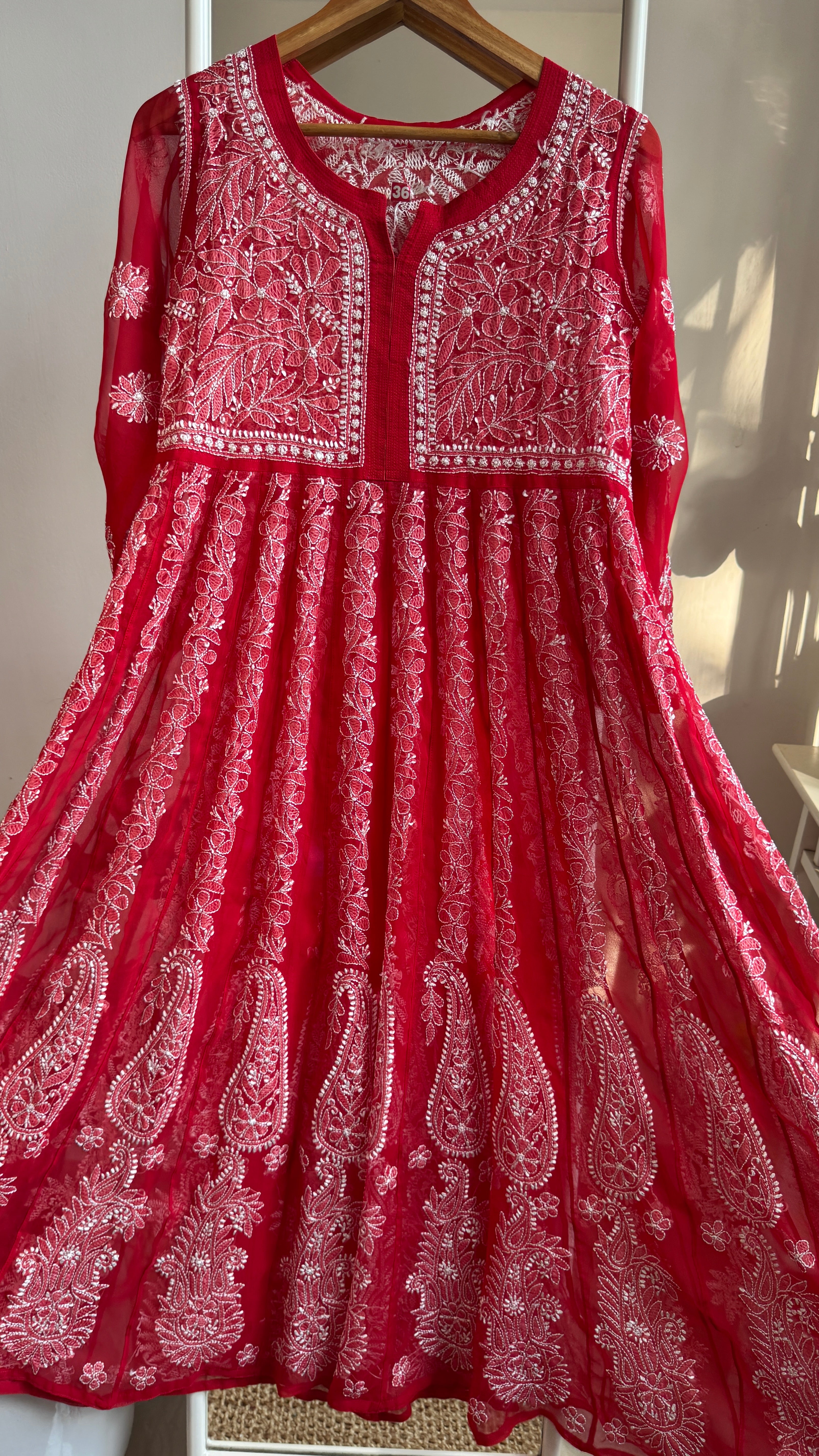 Georgette Chikankari Anarkali - Red