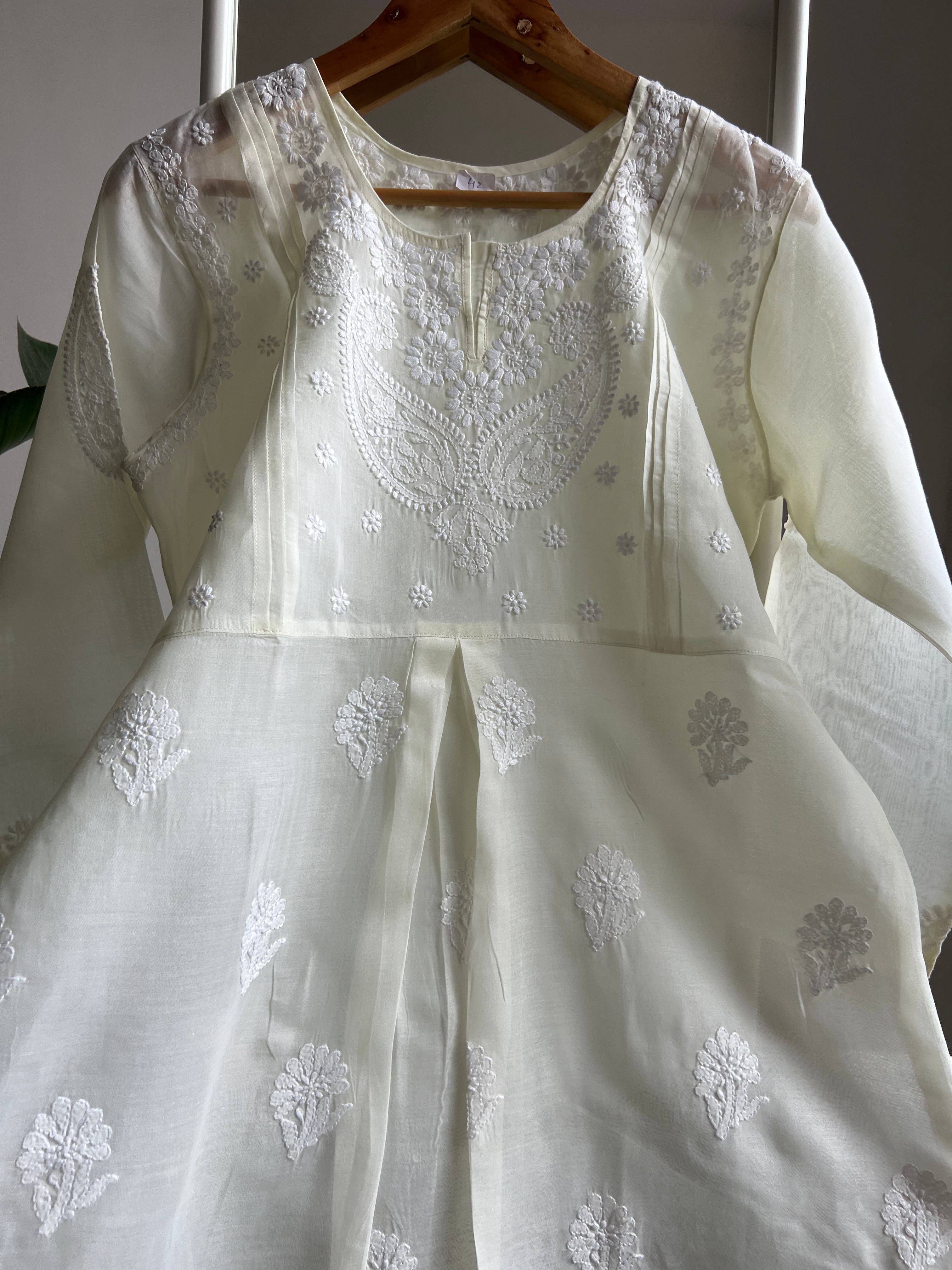 Voile Cotton Chikankari Full sleeves short Top - Lemon Yellow ARIAA CHIKANKARI