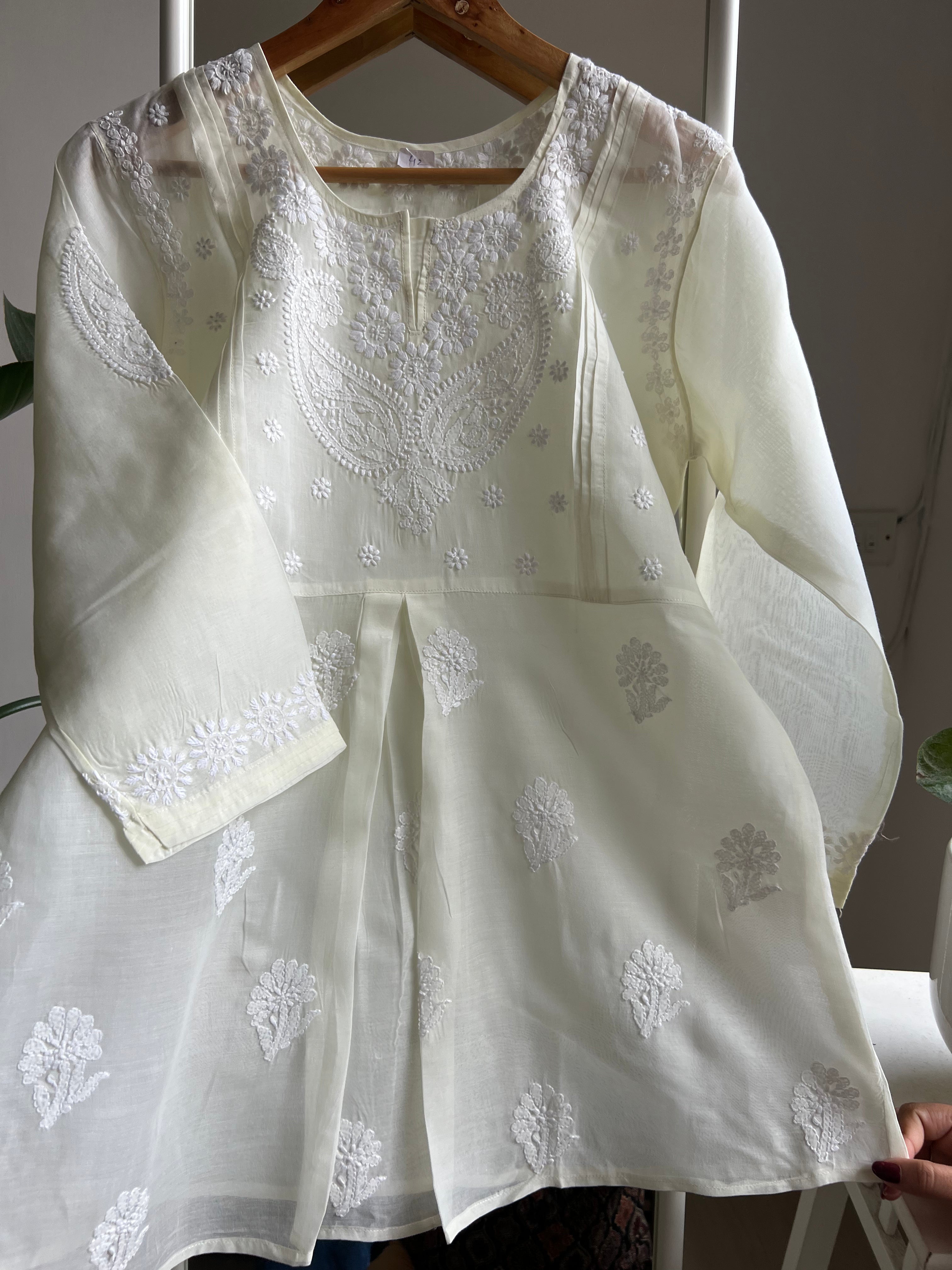Voile Cotton Chikankari Full sleeves short Top - Lemon Yellow ARIAA CHIKANKARI