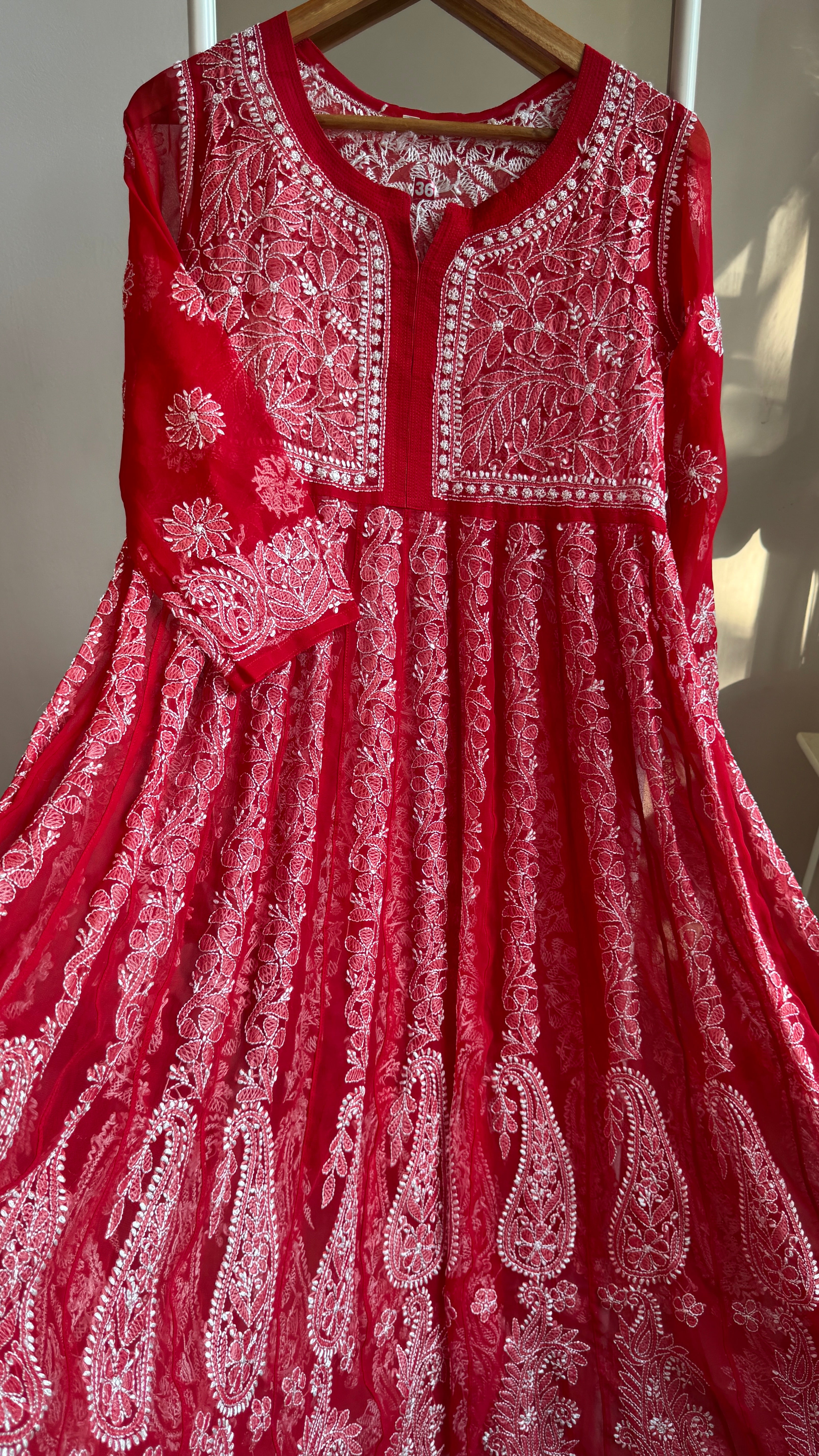 Georgette Chikankari Anarkali - Red