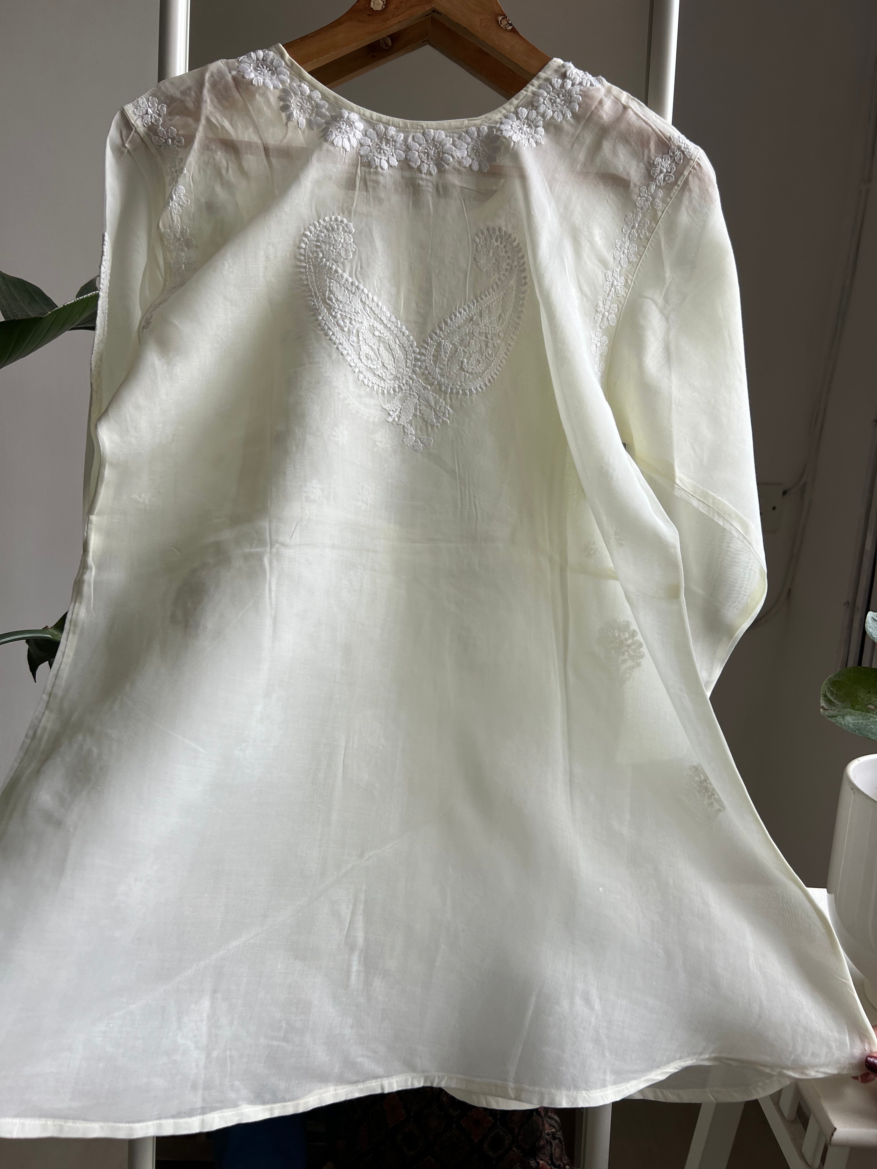 Voile Cotton Chikankari Full sleeves short Top - Lemon Yellow ARIAA CHIKANKARI