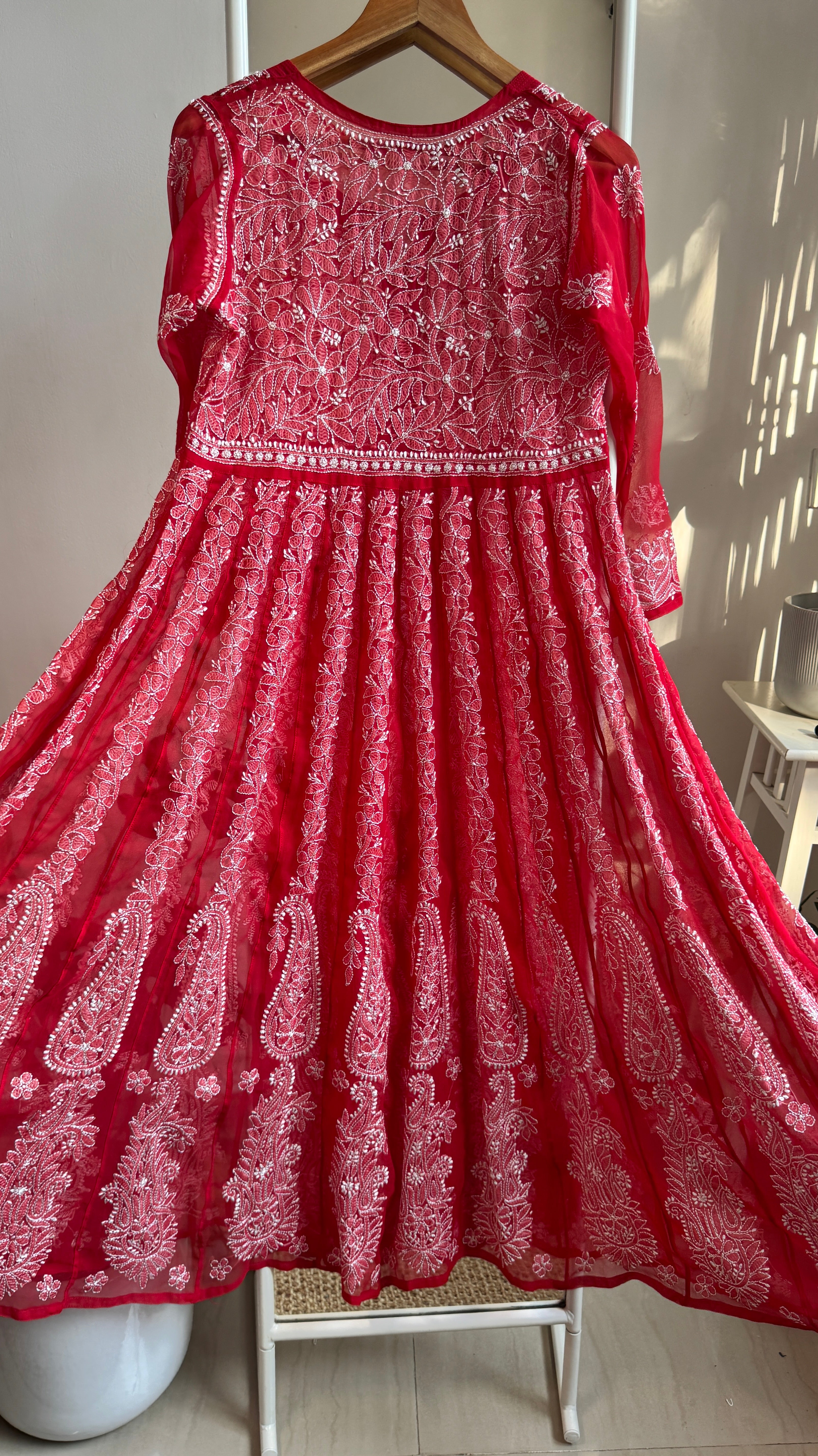 Georgette Chikankari Anarkali - Red