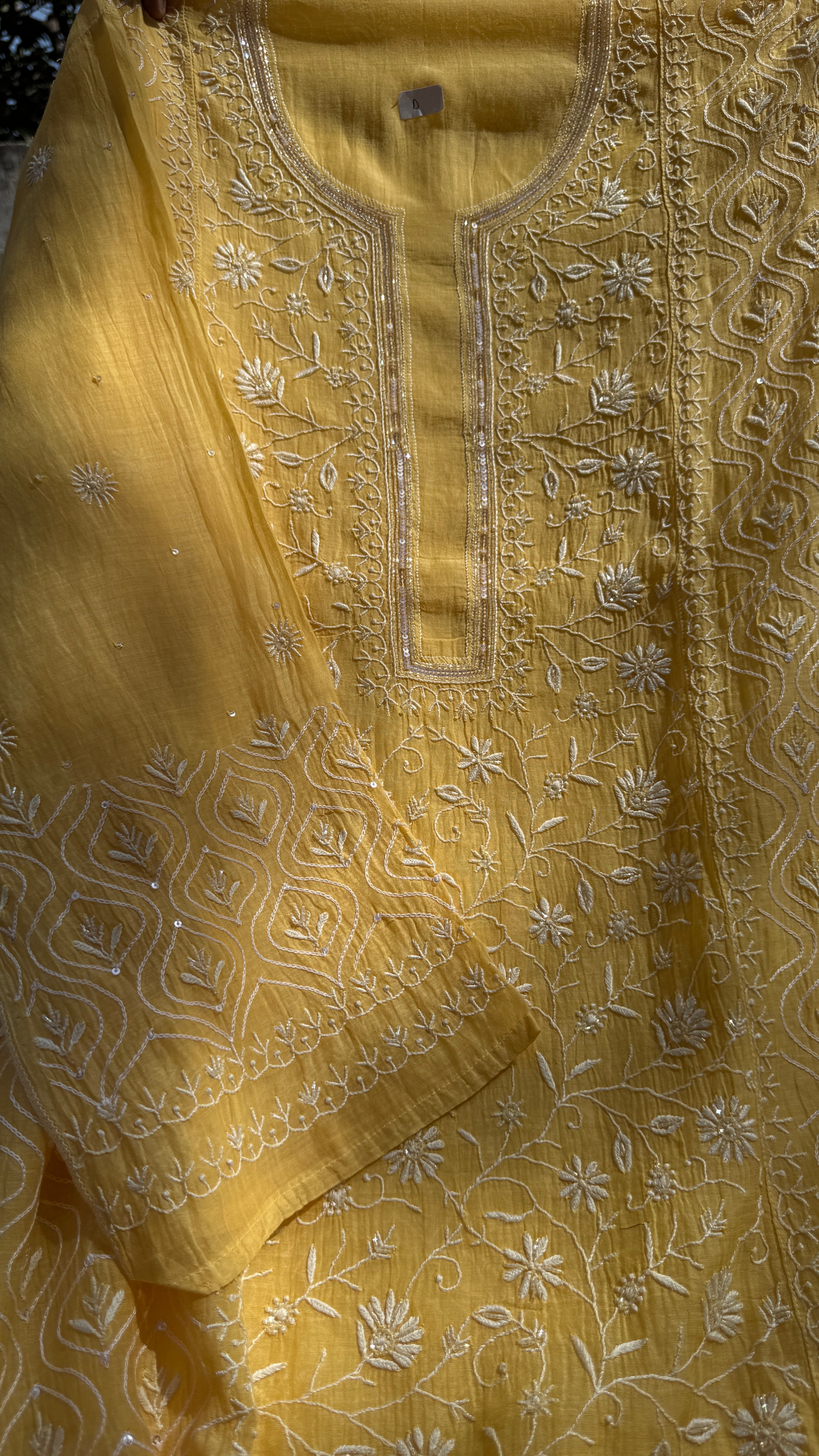 Mul Chanderi Chikankari - Unstitched Set - Yellow
