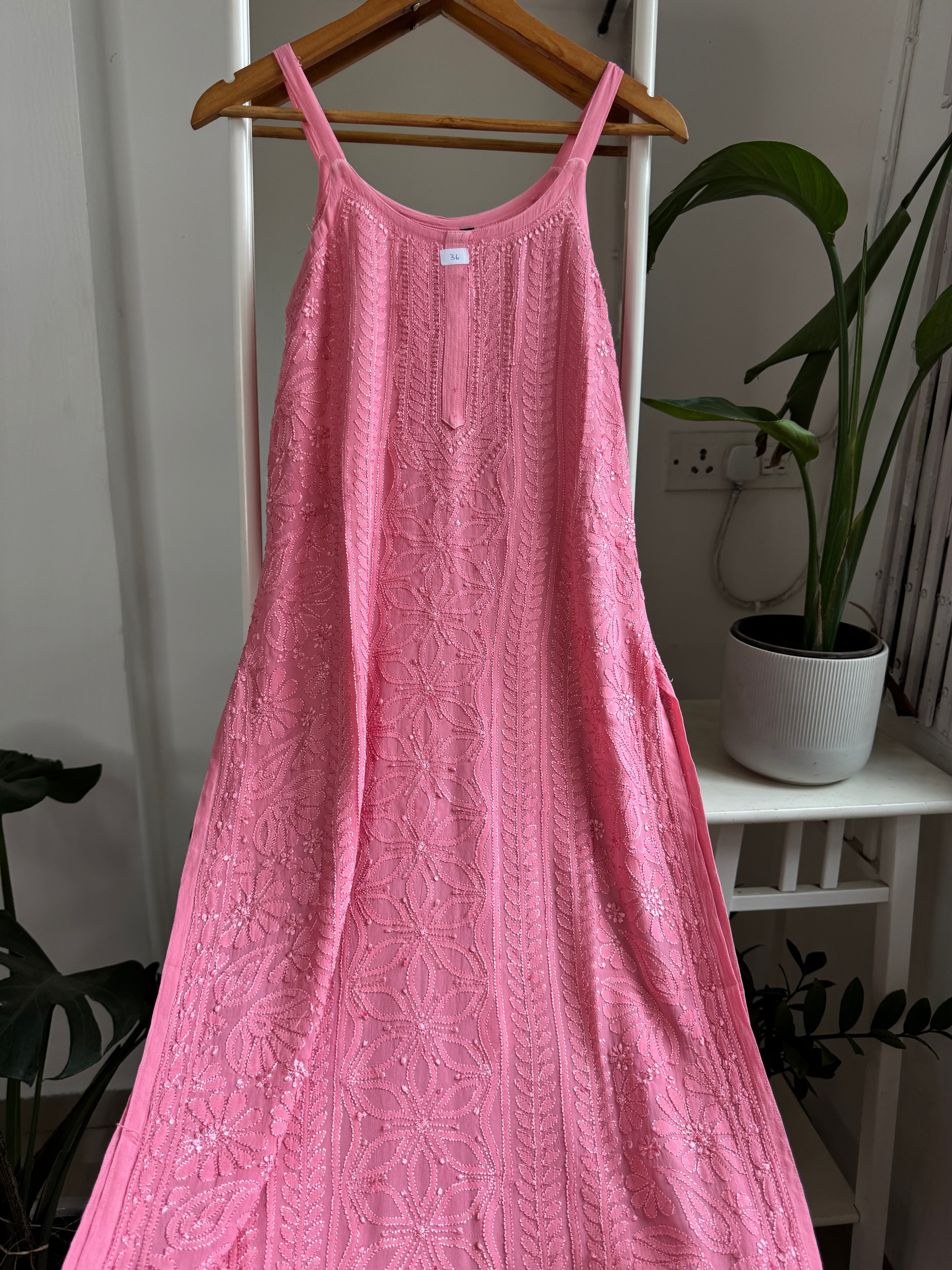 Noodle Strap Chikankari Kurti Long - Rosewood Pink -Rose Collection ARIAA CHIKANKARI