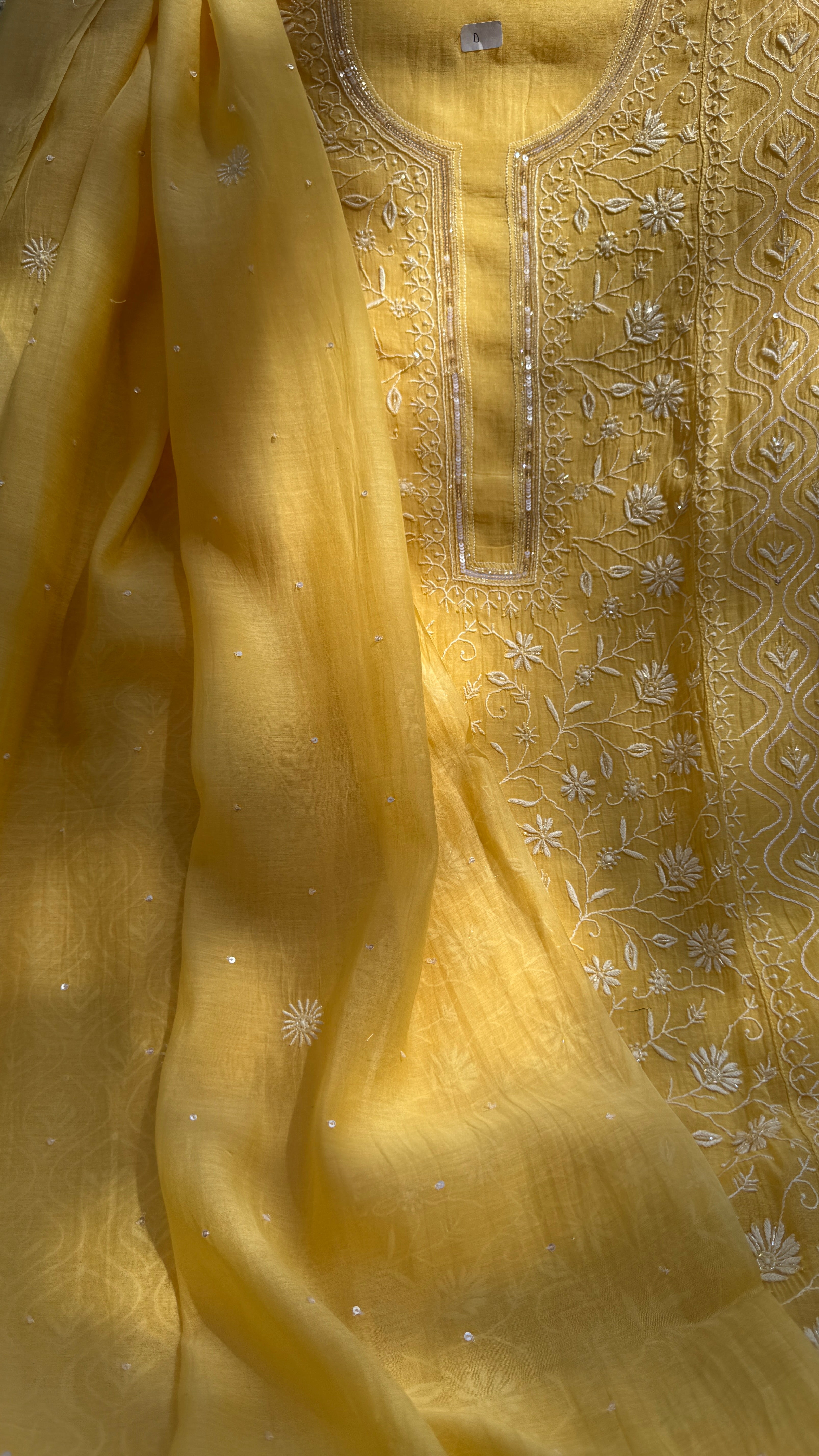 Mul Chanderi Chikankari - Unstitched Set - Yellow