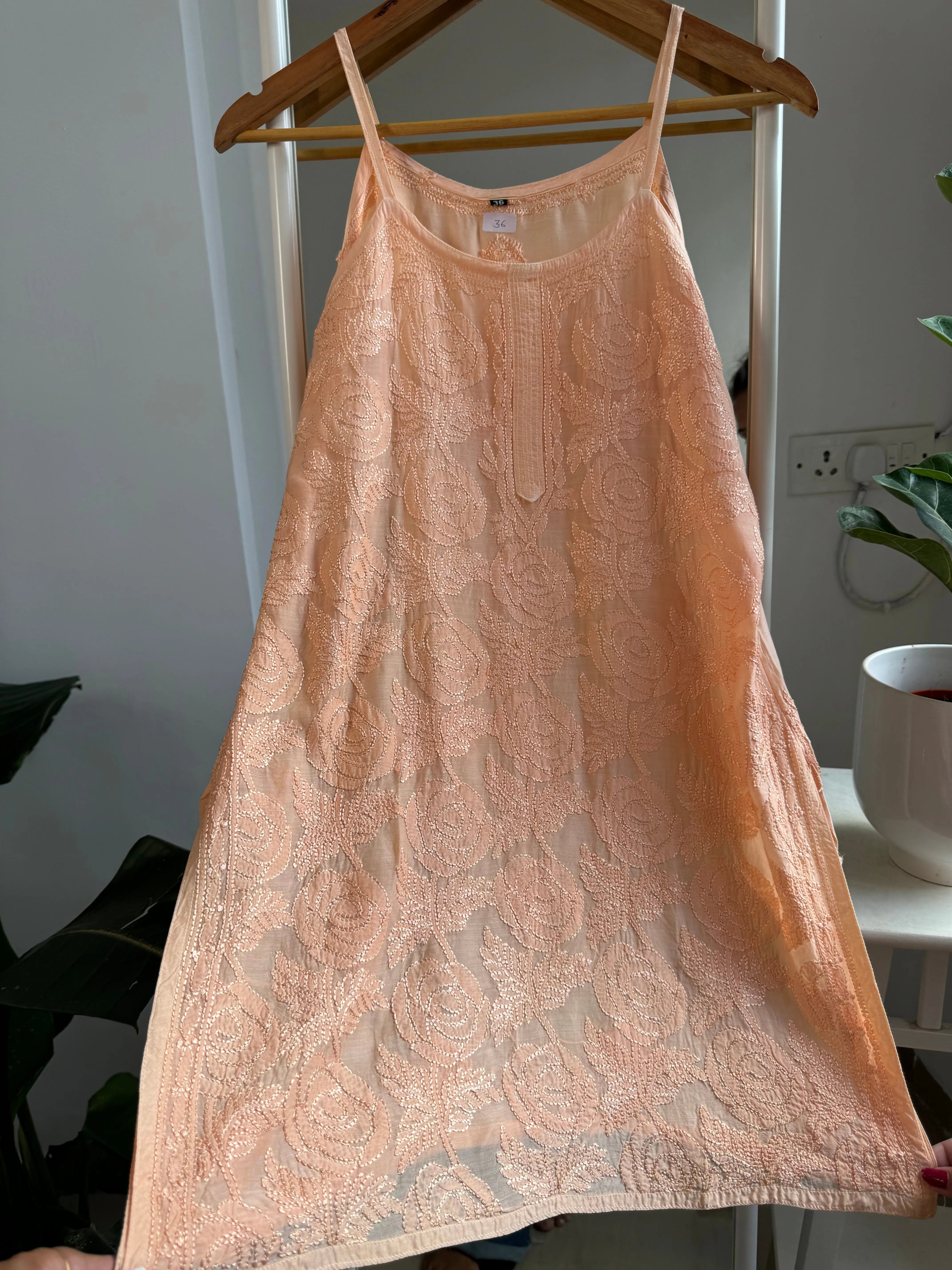 Muslin Chikankari Noodle Strap short Top - Peach ARIAA CHIKANKARI
