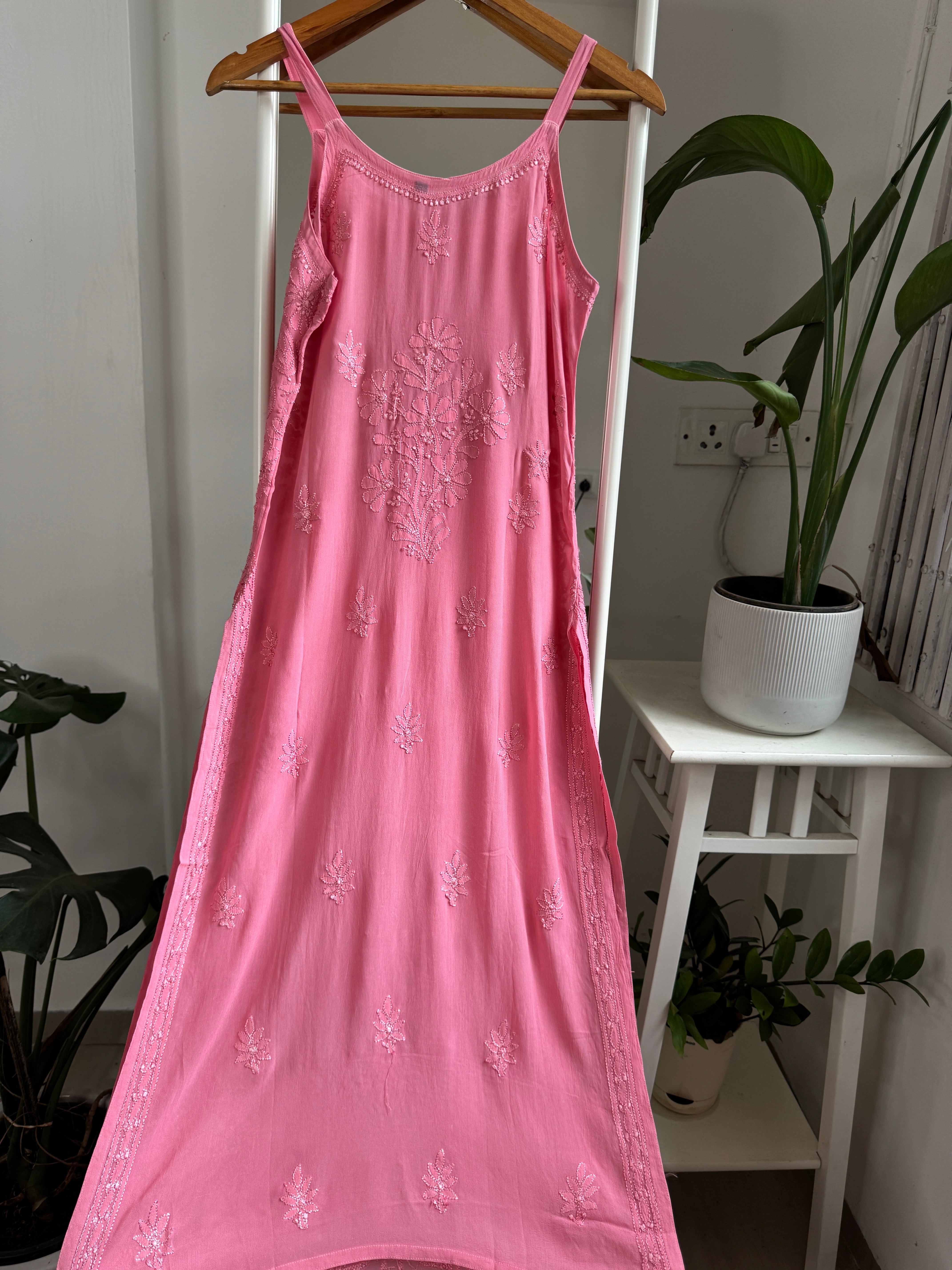 Noodle Strap Chikankari Kurti Long - Rosewood Pink -Rose Collection ARIAA CHIKANKARI