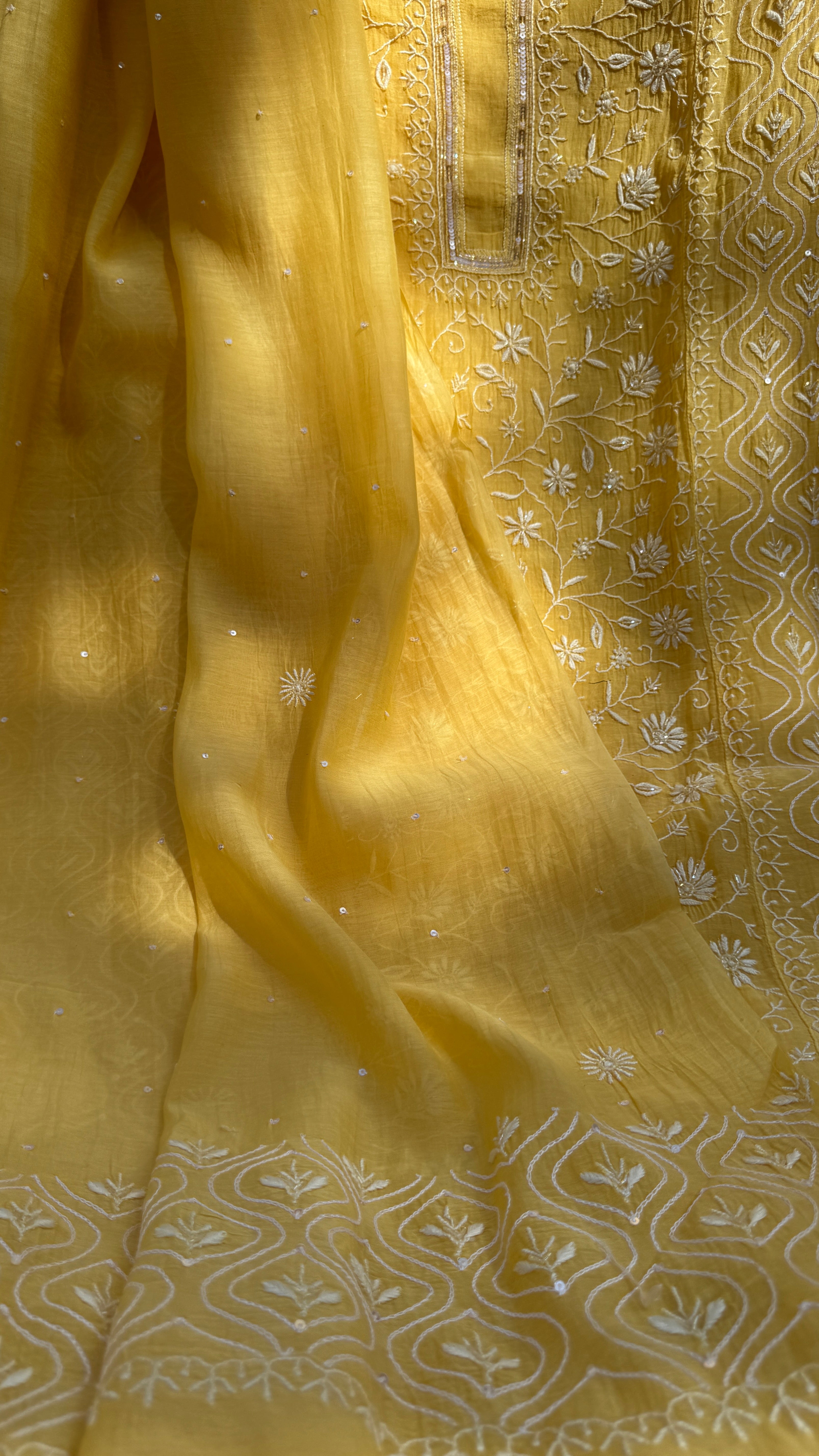 Mul Chanderi Chikankari - Unstitched Set - Yellow