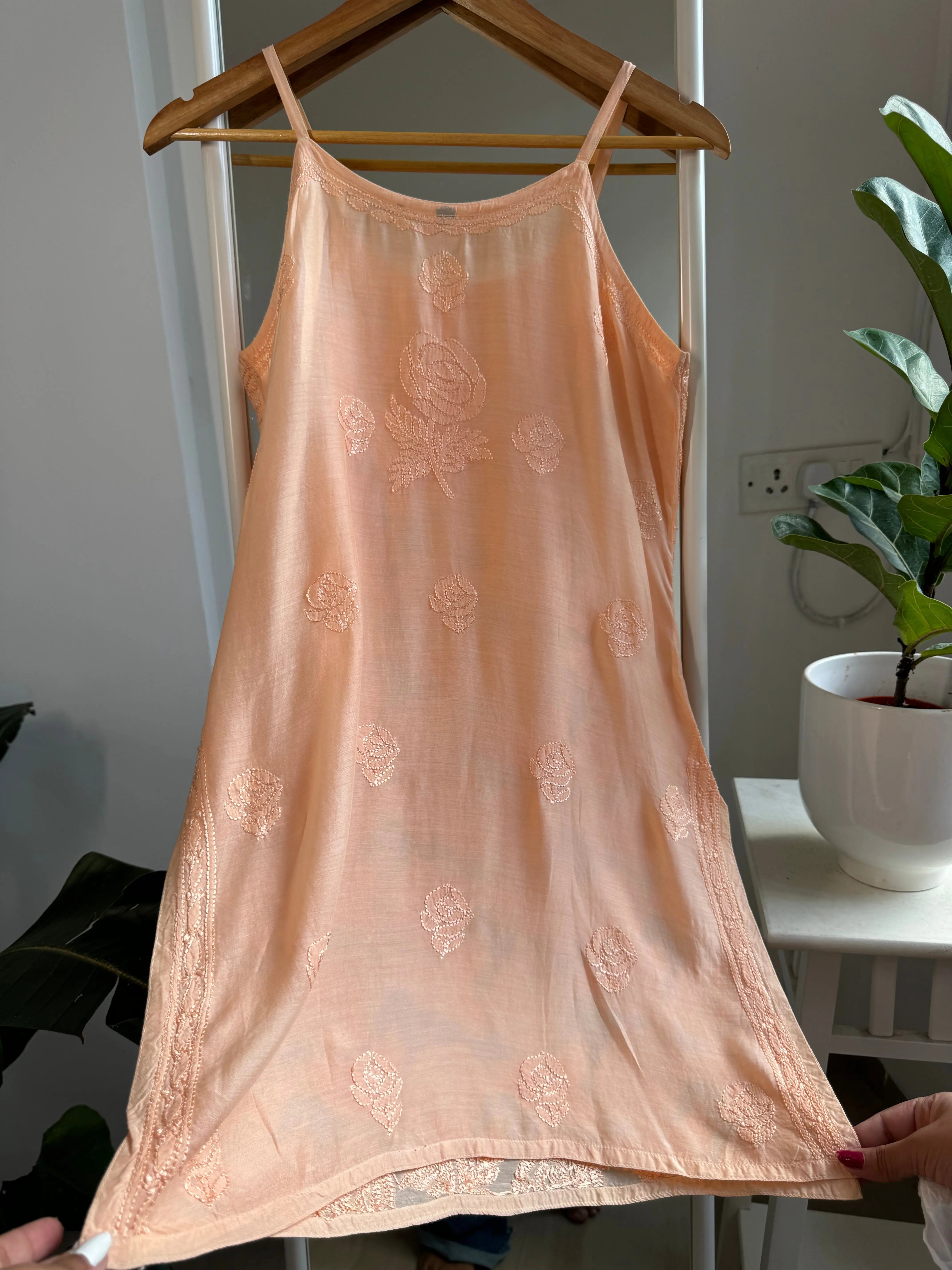 Muslin Chikankari Noodle Strap short Top - Peach ARIAA CHIKANKARI